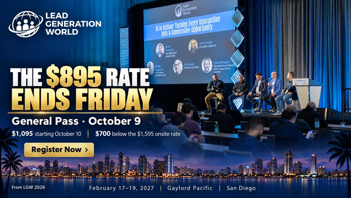 LeadGenerationW's tweet photo. LGW general passes are $895 through Friday, Oct. 9.

$1,095 starting Oct. 10.
$1,595 onsite.

Register this week: $200 less than the next tier and $700 less than onsite.

https://t.co/Lqk5Kdt74g https://t.co/A76Ii616Qw