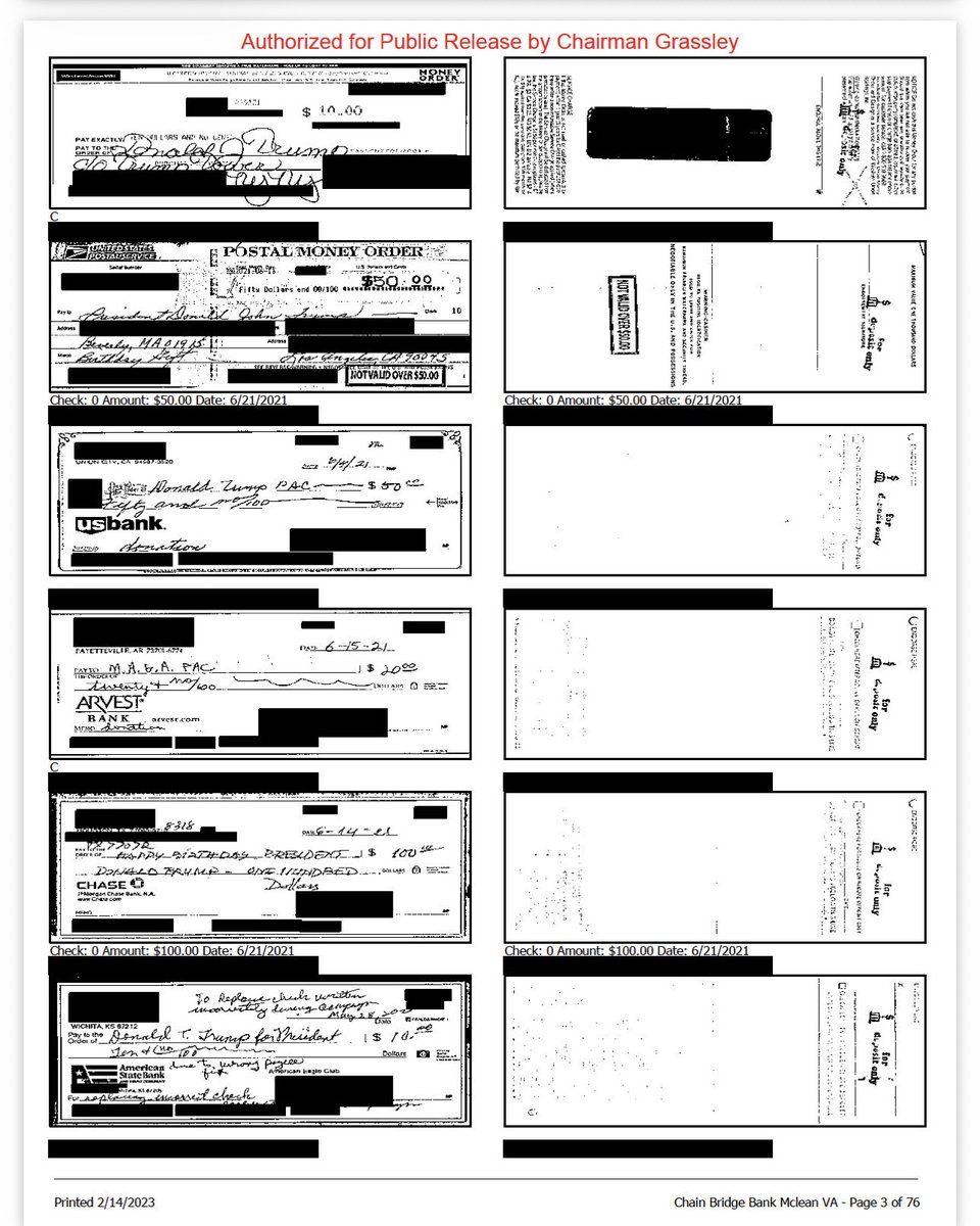 C__Herridge's tweet photo. There are 885 pages like this one...

Bank accounts, routing numbers, signatures of small $$ Trump donors collected by the Biden FBI and DOJ, exposed via @ChuckGrassley  

Now, Jack Smith faces a civil lawsuit for alleged government overreach. 

Plus Pfizer faces its day in court. 

 New reporting and analysis all in the one place 
@C__Herridge subscribers.

Thank you for making my independent reporting possible.