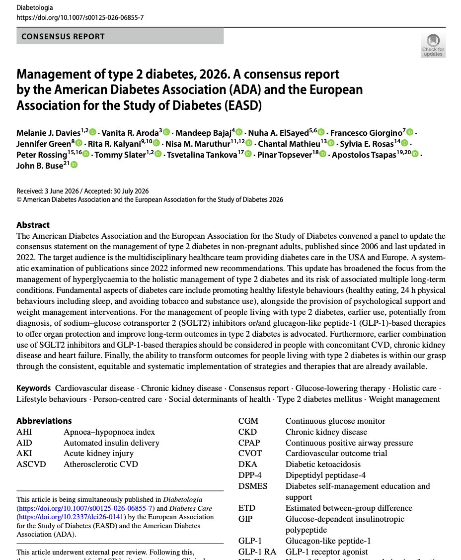 LuisOliverio's tweet photo. El último Consenso de la ADA y EASD 2026 para el manejo de Diabetes tipo 2. Puntos clave: 

🔵 La metformina ya no es siempre el primer paso. Casi siempre se recomienda un iSGLT2 o aGLP-1, independiemente de la Hba1c.

🔵 En ECV, ERC o IC: usa temprano iSGLT2 + GLP-1

🔵 En ERC el iSGLT2 es la base (continua aunque baje la tasa de filtración). Si hay albuminuria: usa Semaglutida y Finerenona. 

🔵 Metas: HbA1c de 6.5–7% en la mayoría y ≤6.5% si debutó antes de los 40 años. Si hay monitoreo continuo, meta en rango (70–180 mg/dL): >70%

🔵 En diabetes refractaria, considera buscar hipercortisolismo (hasta 25% de los pacientes).