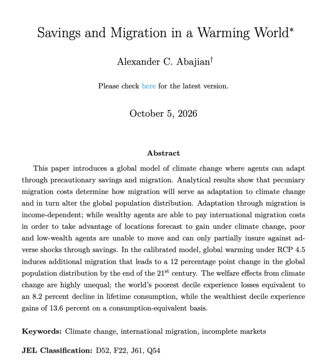 acabajian's tweet photo. To the intersection of #EconTwitter and hiring committees — I'm on the #EconJobMarket and hoping to steal a bit of your screen time. My #JMP examines how adaptation to climate change will affect the global population distribution and its implications for welfare. (1/n) https://t.co/1JWyASiAV8