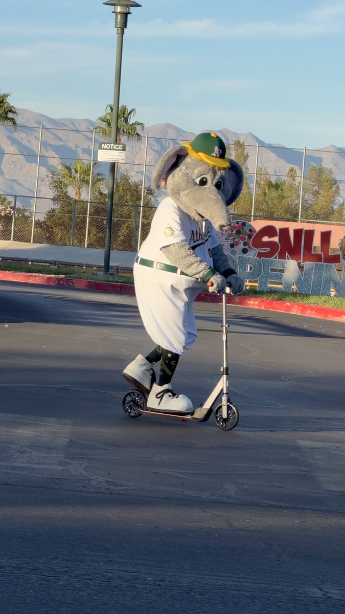 An elephant mascot wearing a green and yellow Oakland Athletics baseball uniform and oversized white shoes rides a kick scooter on an asphalt road, with a chain-link fence and mountains in the background.