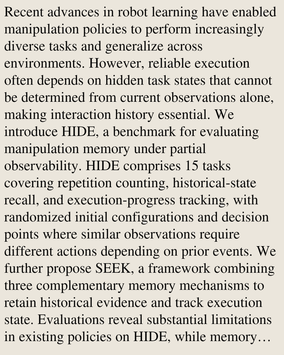 OWW's tweet photo. Benchmarking and Enhancing Skill-Level Memory for Partially Observable Robotic Manipulation

Yansong Shi, Jiange Yang, Xijie Yang, Shaowei Zhang, Yuhan Zhu, Tao Lu, Limin Wang
https://t.co/WjuvgbFJAm [𝚌𝚜.𝚁𝙾]
💬Project: https://t.co/gsrf93w0BJ https://t.co/MRi0CiwEpd