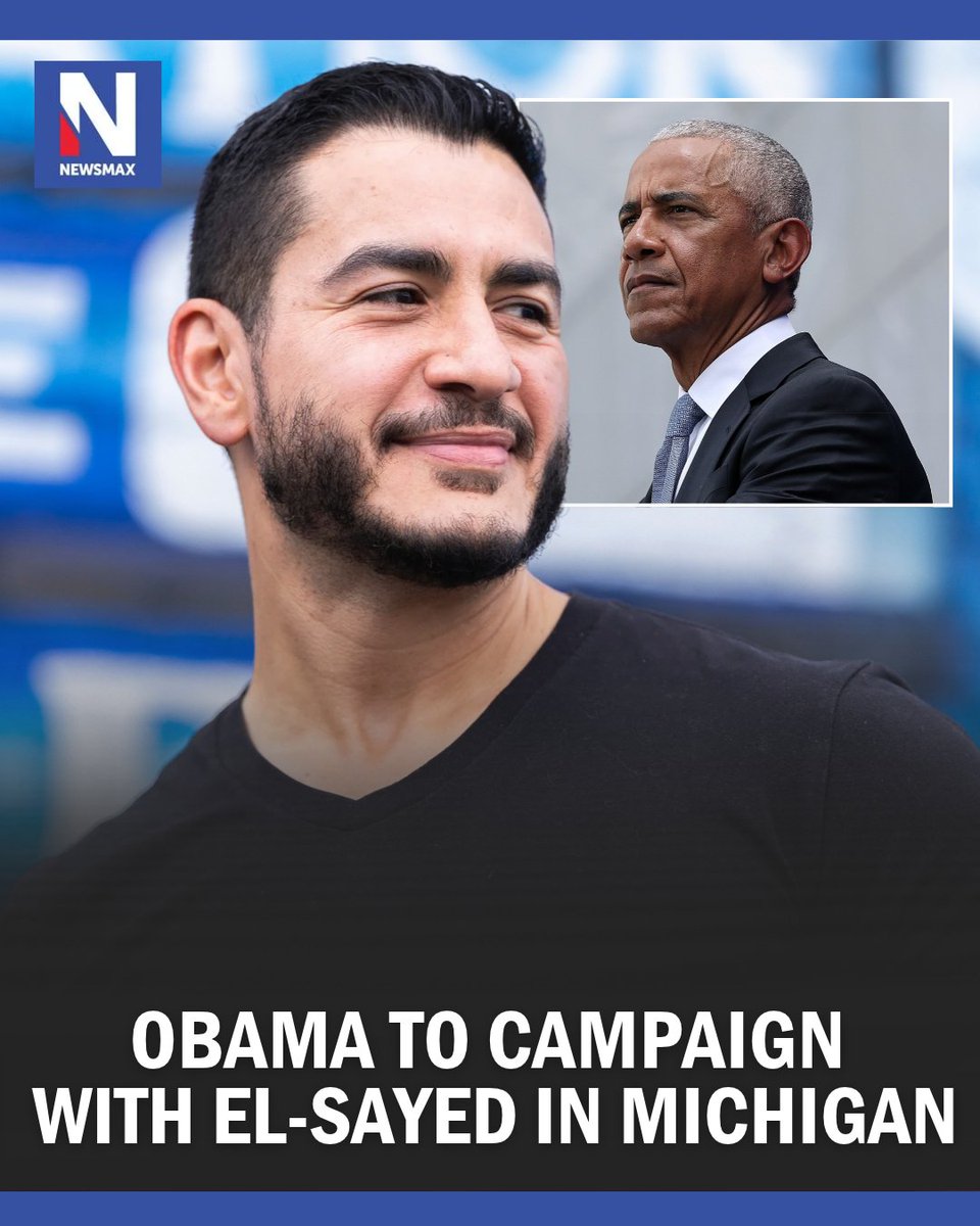 NEWSMAX's tweet photo. Former President Barack Obama will campaign alongside Michigan Senate candidate Abdul El-Sayed in Detroit later this month, lending his support to the progressive nominee after a bruising Democrat primary exposed divisions within the party. https://t.co/qJwpxcfNOk