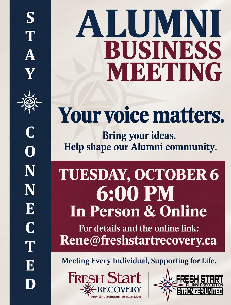 FreshStartRC's tweet photo. Integrity grows when we become willing to speak honestly and take responsibility for our actions. Having people beside us who understand can make those conversations a little easier.

Join us this Wednesday, October 7, at 6:30 p.m. for our Alumni Step and Topic meeting, focusing on Step 5, Belief 5 and Integrity.

Belief 5 reminds us that each person’s program of recovery is worthy of respect. Our experiences may differ, but we can listen, learn from one another and support each other as we put recovery into practice.

Fresh Start Alumni are invited to join us in Calgary, Lethbridge or online. Whether you have been attending regularly or it has been a while, you are welcome.

We also invite Alumni to our Alumni Business Meeting tomorrow, Tuesday, October 6, at 6 p.m., in person and online. Bring your ideas, take part in the conversation and help shape the community we continue to build together.

For online links or attendance details, email Rene@freshstartrecovery.ca.

Meeting Every Individual, Supporting for Life.

#FreshStart #Alumni #Recovery #Integrity #TogetherWeContinue