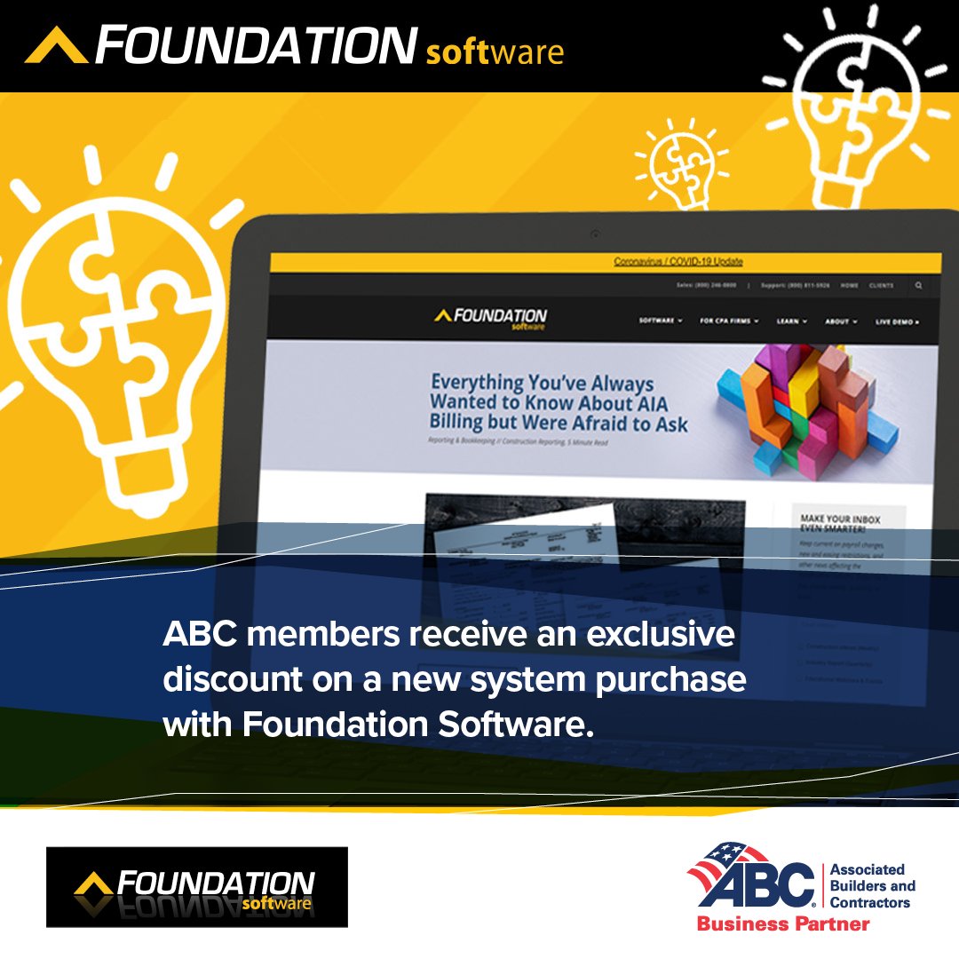 ABCofIowa's tweet photo. Special benefits are exclusively available to ABC members with discounts on FOUNDATION construction accounting software! 
Get in on the deals: https://t.co/X15Iqe052i 
#ABCMeritShopProud #FoundationSoftware #MemberMonday https://t.co/2ogESm2EnA