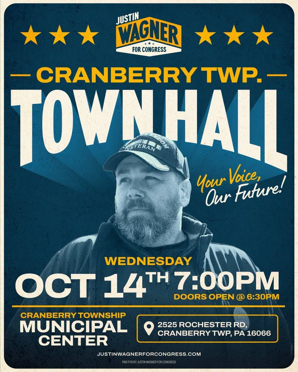 JustinWagnerPA's tweet photo. Here's your next chance to meet and speak with me. #JustinWagner

 https://t.co/uVMEoLnqfq

WEDNESDAY 7pm October 14th.

Cranberry Township Municipal Center
2525 Rochester Rd
Cranberry Twp, PA 16066

Come with your questions👏👏 Please share this post,Thank You https://t.co/zU1GuUslUe