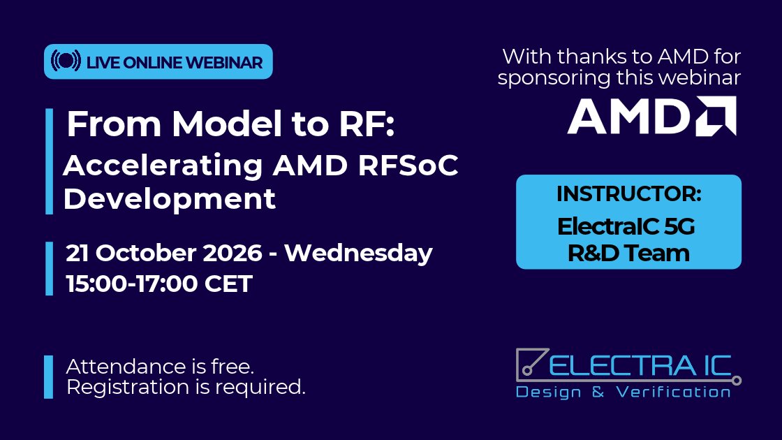 electraic's tweet photo. #FreeWebinar | 21 Oct 2026
From Model to RF: Accelerating AMD RFSoC Development
👉 Register here: https://t.co/6dxLsKpee2
Special thanks to #AMD for sponsoring this webinar.
#FPGA #MATLAB #Wireless https://t.co/yS0y3TJQnO