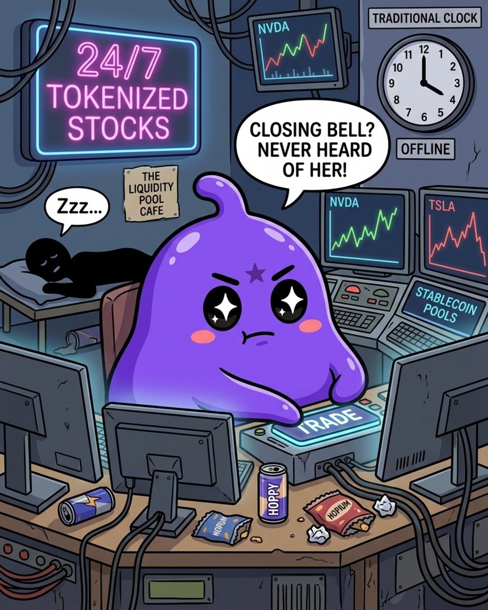 DelHopium's tweet photo. 🟣 Closing bell? Never heard of her!

More than 60 U.S. stocks, including Nvidia and Tesla, are heading onchain to a planned 24/7 venue. Trades will be conducted against stablecoins using blockchain-based liquidity pools rather than traditional order books.

#DelHopium #TokenizedStocks #Nvidia #Tesla #CryptoMemes #Memes