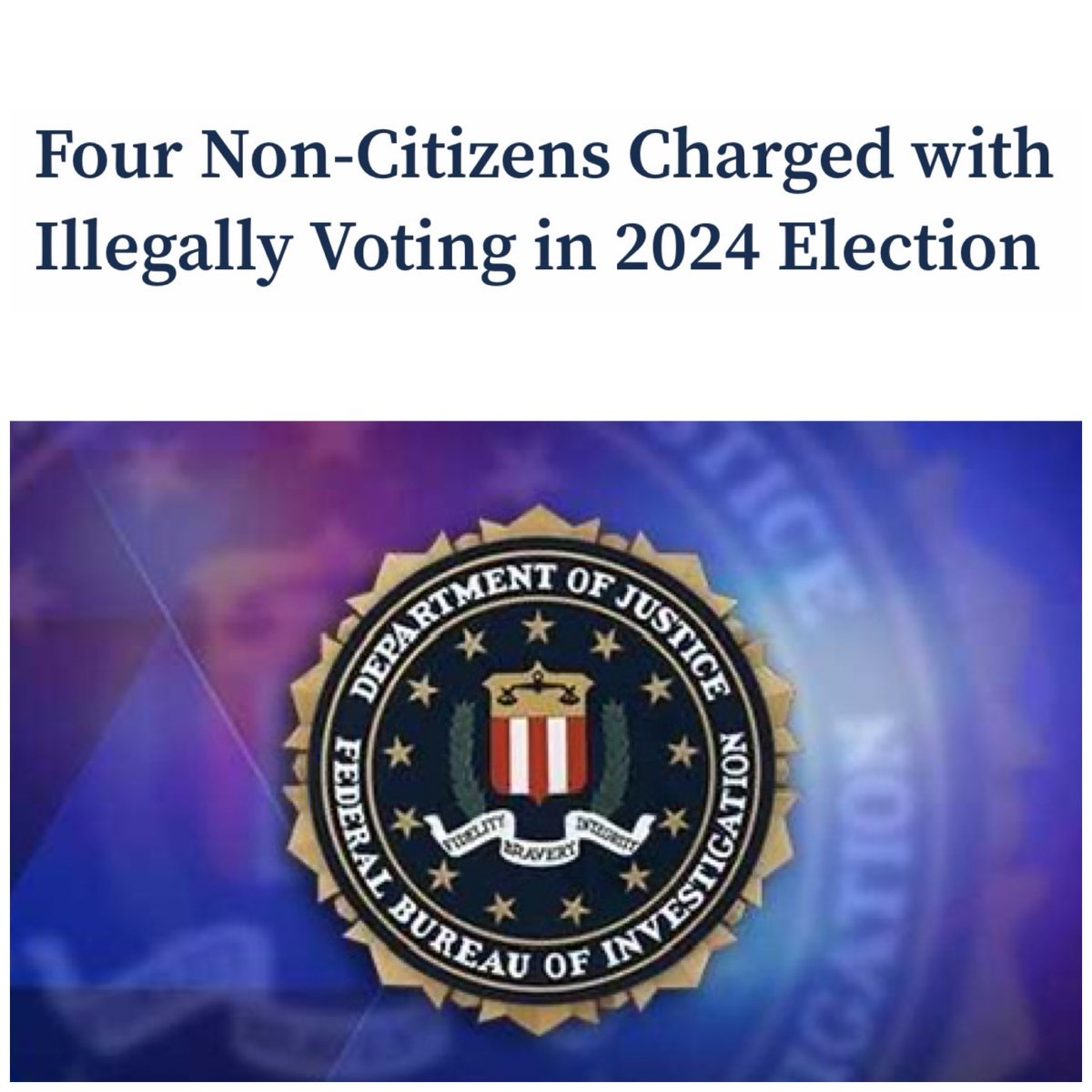 FBIDirectorKash's tweet photo. American elections are for American citizens. Period.

Four non-citizens in Philadelphia have now been CHARGED with illegally voting in the 2024 presidential election.

According to the charges, they knew they were not U.S. citizens—and voted anyway.

The FBI and our partners at HSI investigated. Now they face federal charges.

If you knowingly violate our election laws, expect law enforcement to find you.

-DKP🇺🇸