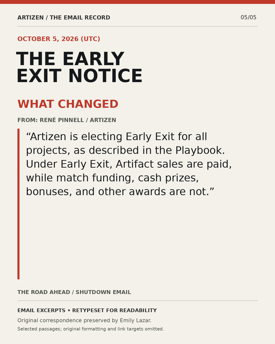 EmilyLazar_SM's tweet photo. I spent months rallying fans to fund September Mourning through @Artizen. 

Now it’s ending active operations and invoking “Early Exit”: sales paid, match/prizes/bonuses excluded. René cites serious health issues. I wish him recovery. 

Creators still deserve answers. https://t.co/MGu5wJhVjO
