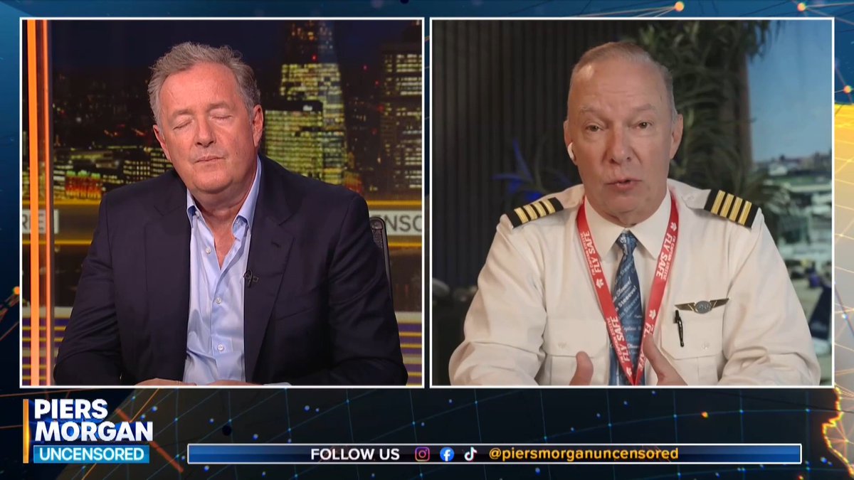 The image shows a split-screen interview on "Piers Morgan Uncensored," featuring host Piers Morgan on the left and a guest dressed in a pilot's uniform with a "Fly Safe" lanyard on the right. At the bottom of the screen, the show's social media handle "@piersmorganuncensored" is displayed alongside a YouTube link, corresponding to the post about Captain Steve Scheibner praising the heroic actions during the hijacked FlyDubai incident.