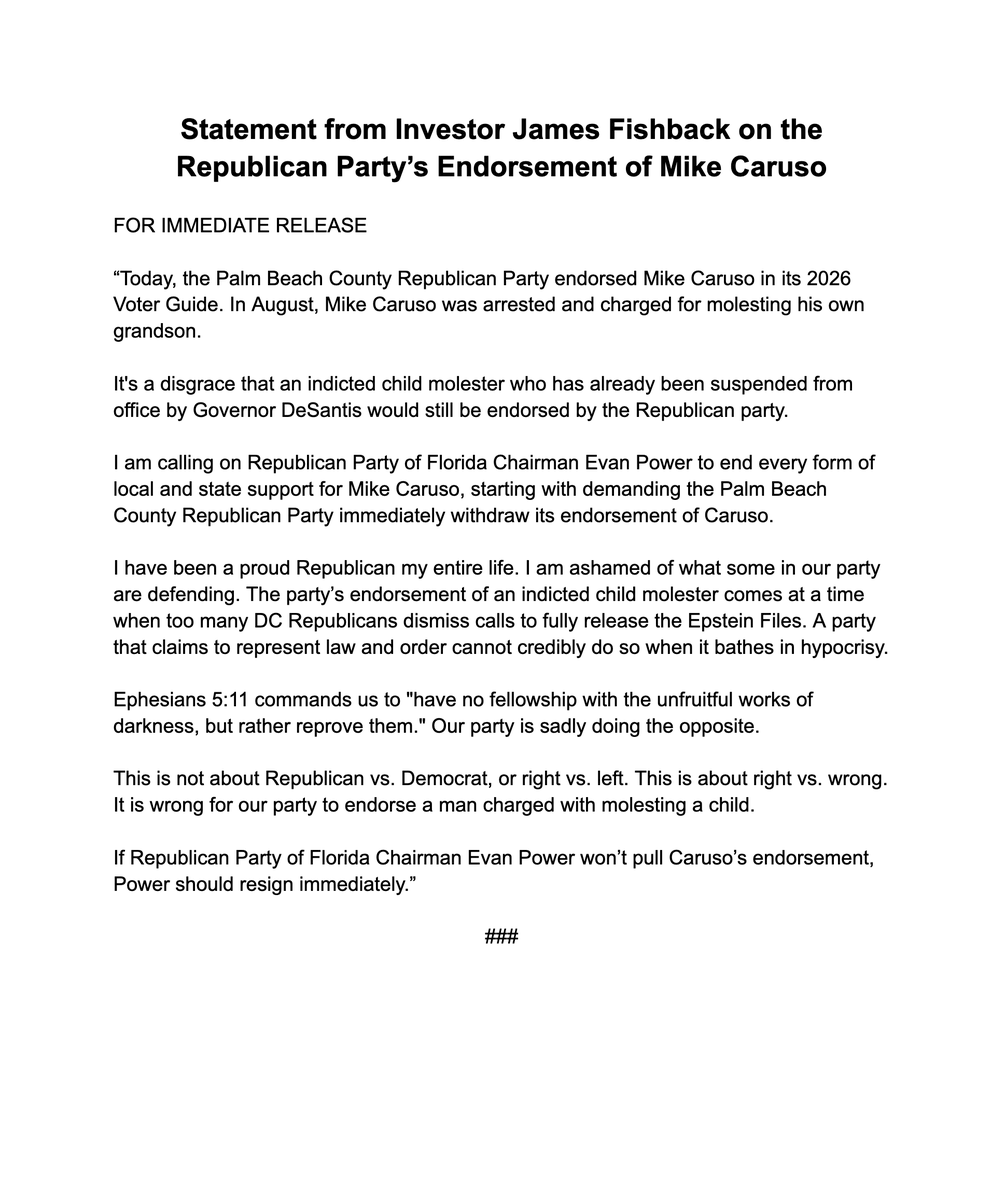 jamesfishback's tweet photo. Today, the Palm Beach County Republican Party endorsed Mike Caruso. In August, Mike Caruso was arrested and charged for molesting his own grandson.

Republican Party of Florida Chairman @EvanPower must get this endorsement pulled immediately or resign. https://t.co/O6xmrWgUxg