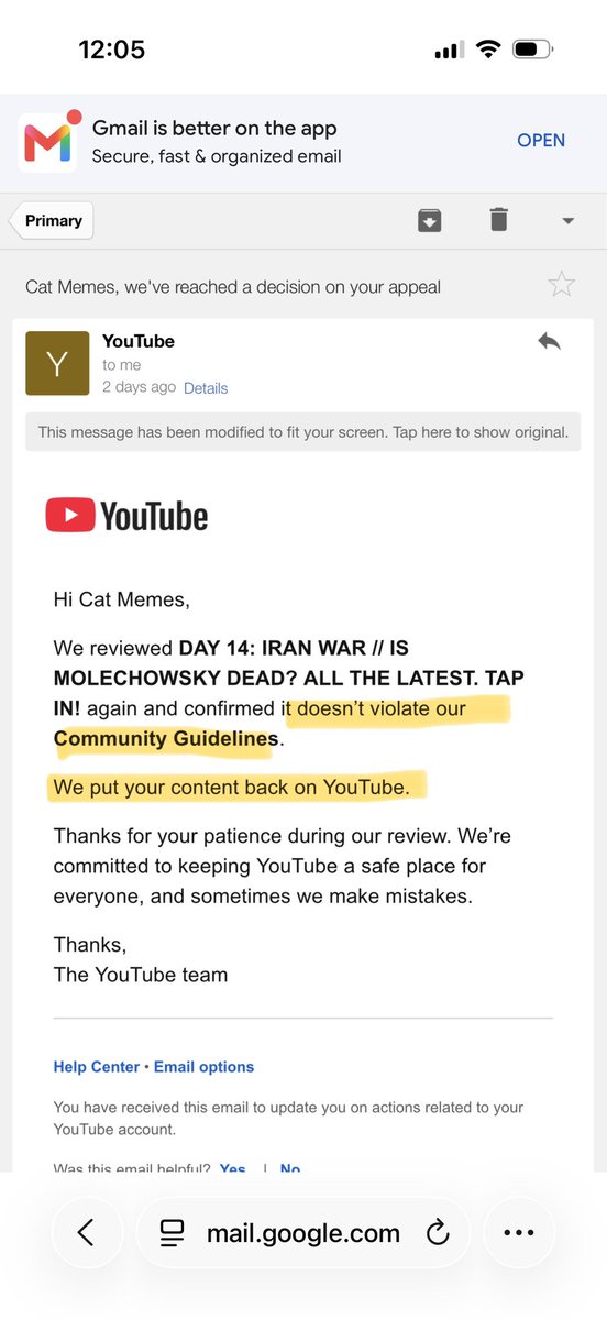 _rathbone's tweet photo. Wow, so yesterday @Youtube tells me I need to “re-appeal” to remove a “misinformation” strike if I want my livestream reinstated (pic 1). I do just that and the appeal is granted (pic 2). Now, @Youtube dishonors its own statement and pivots to a dubious “child safety” violation and sustains its restriction on my livestream (pic 3). This makes no sense. I’ve never had a minor on my livestream wtf??? @TeamYouTube why is Youtube targeting me and not honoring its own words and policy?