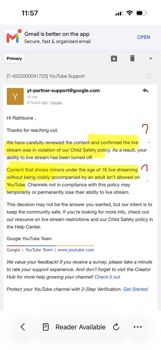 _rathbone's tweet photo. Wow, so yesterday @Youtube tells me I need to “re-appeal” to remove a “misinformation” strike if I want my livestream reinstated (pic 1). I do just that and the appeal is granted (pic 2). Now, @Youtube dishonors its own statement and pivots to a dubious “child safety” violation and sustains its restriction on my livestream (pic 3). This makes no sense. I’ve never had a minor on my livestream wtf??? @TeamYouTube why is Youtube targeting me and not honoring its own words and policy?