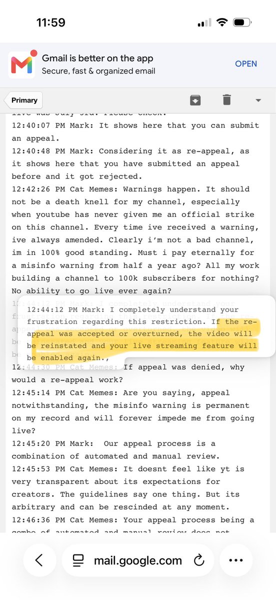 _rathbone's tweet photo. Wow, so yesterday @Youtube tells me I need to “re-appeal” to remove a “misinformation” strike if I want my livestream reinstated (pic 1). I do just that and the appeal is granted (pic 2). Now, @Youtube dishonors its own statement and pivots to a dubious “child safety” violation and sustains its restriction on my livestream (pic 3). This makes no sense. I’ve never had a minor on my livestream wtf??? @TeamYouTube why is Youtube targeting me and not honoring its own words and policy?