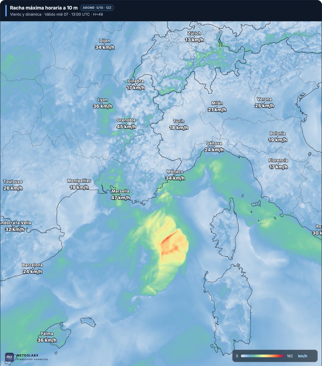 meteolabx's tweet photo. ⚠️ Atención para el miércoles en Córcega. AROME simula un derecho o turbonada con bow echo. Se encontrará un ambiente con vector cizalladura 0-3 km perpendicular a la línea, lo que favorece su mantenimiento. Aparece en las últimas horas de la simulación. Habrá que irlo siguiendo. https://t.co/EUilBnOEIu
