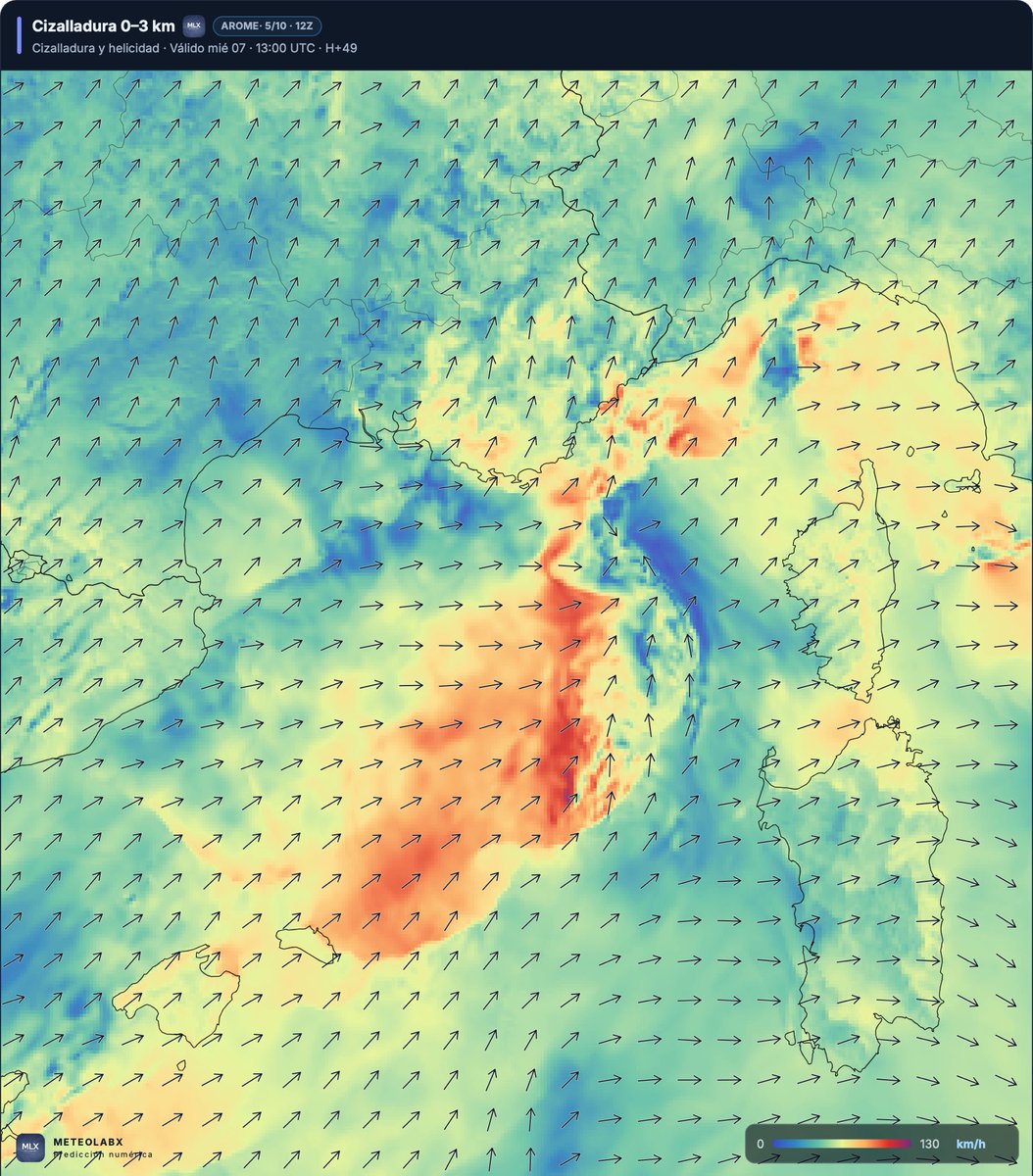 meteolabx's tweet photo. ⚠️ Atención para el miércoles en Córcega. AROME simula un derecho o turbonada con bow echo. Se encontrará un ambiente con vector cizalladura 0-3 km perpendicular a la línea, lo que favorece su mantenimiento. Aparece en las últimas horas de la simulación. Habrá que irlo siguiendo. https://t.co/EUilBnOEIu