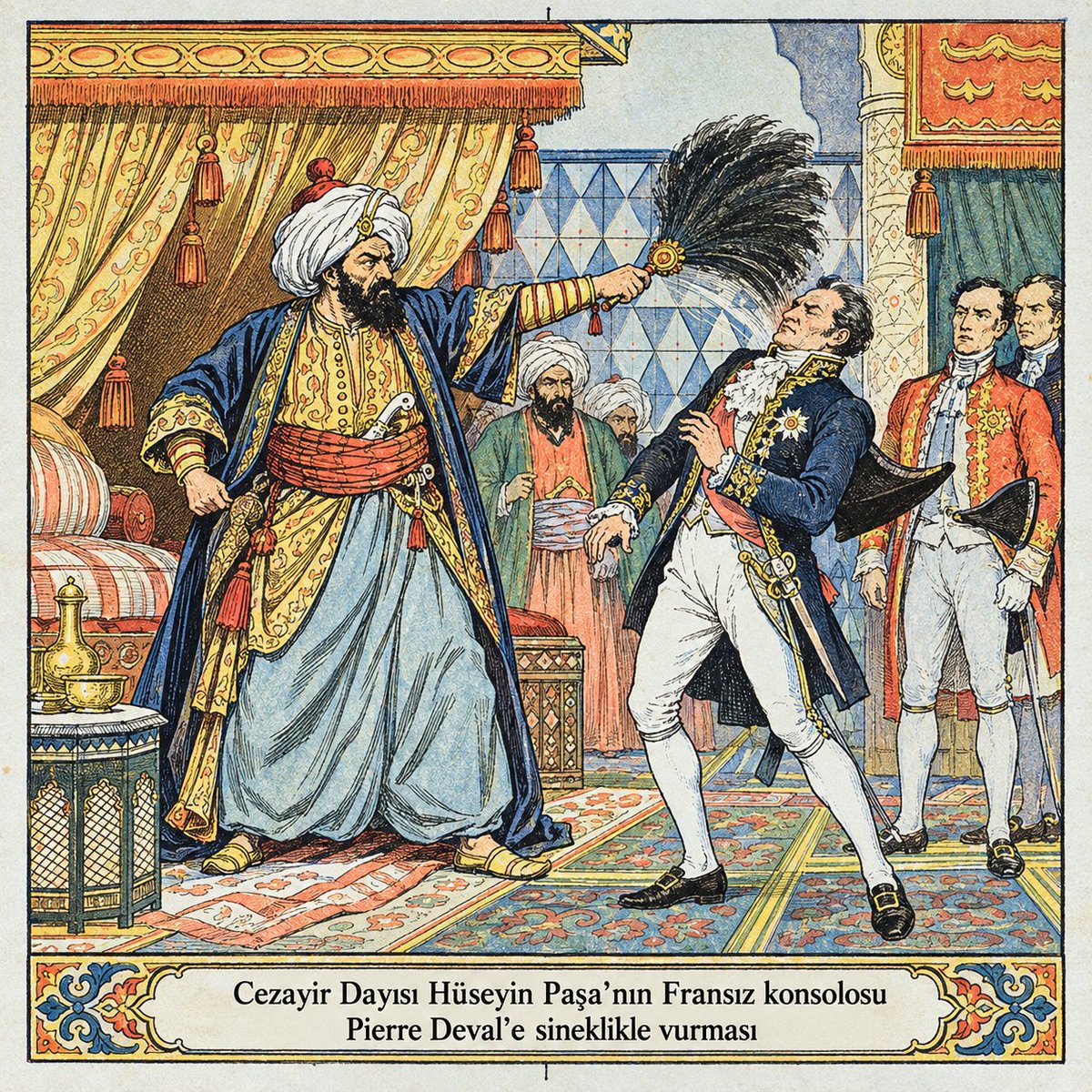 Env1d2er's tweet photo. Cezayir Dayısı Hüseyin Paşa, Fransız konsolosuna elindeki sineklikle vurduğunda takvimler 29 Nisan 1827'yi gösteriyordu.

Fransa bunu millî haysiyet meselesi yaptı. Bu bahane ile üç yıl abluka uyguladı ve 1830’da Cezayir’i işgal etti.

1903’te ise Rus Konsolosu Rostkovski, Manastır’da Osmanlı eri Halim’i kırbaçladı. Halim karşılık verip konsolosu öldürünce Rusya bastırdı; II. Abdülhamid kendi askerini idam ettirdi.

İki yıl sonra Yıldız’da Abdülhamid’e düzenlenen bombalı suikastta 26 kişi öldü, onlarca kişi yaralandı. Suikastçı Edward Joris idama mahkûm edildi. Avrupa devletleri bastırınca Abdülhamid bu defa yabancı teröristi affedip ülkesine gönderdi.

Fransız konsolosuna sineklikle vurmanın bedeli Cezayir’in işgaliydi.

Osmanlı askerini kırbaçlayan konsolosun öldürülmesinin karşılığı ise Osmanlı askerinin darağacına gönderilmesi.

“Emperyalizme kafa tutan Ulu Hakan” anlatısını bir de bu hadiseler üzerinden okumak gerekiyor.

#Tarih #Osmanlı
