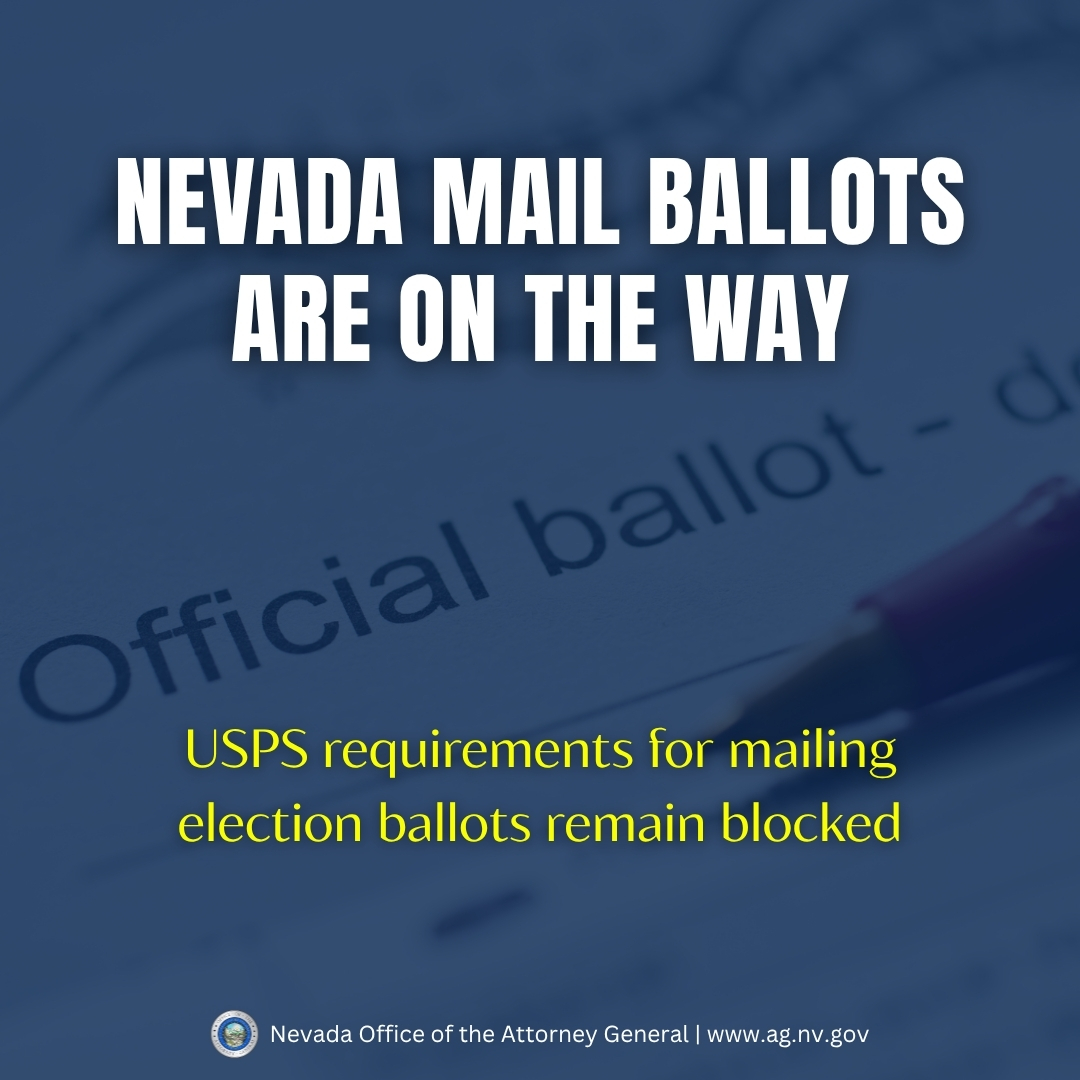 NevadaAG's tweet photo. Mail ballots begin going out to Nevada voters today.

AG Ford co-led the lawsuit that blocked unlawful USPS requirements that could have disrupted the successful delivery of mail ballots. 

Track your ballot at https://t.co/hgSru64nyh. https://t.co/oLJuEjoW6D