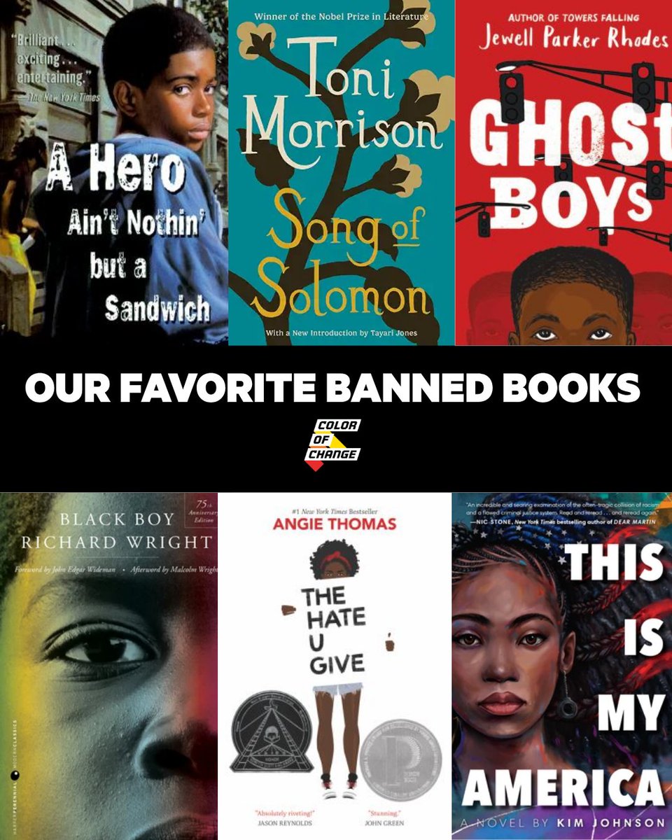 ColorOfChange's tweet photo. In honor of Banned Books Week, we asked our team: What are your favorite banned books? 📚

As book challenges hit record levels, we’re celebrating the Black and LGBTQ+ stories that challenge us and teach us.

Read banned books. Pass them on. Until justice is real. https://t.co/itcoaPktUz