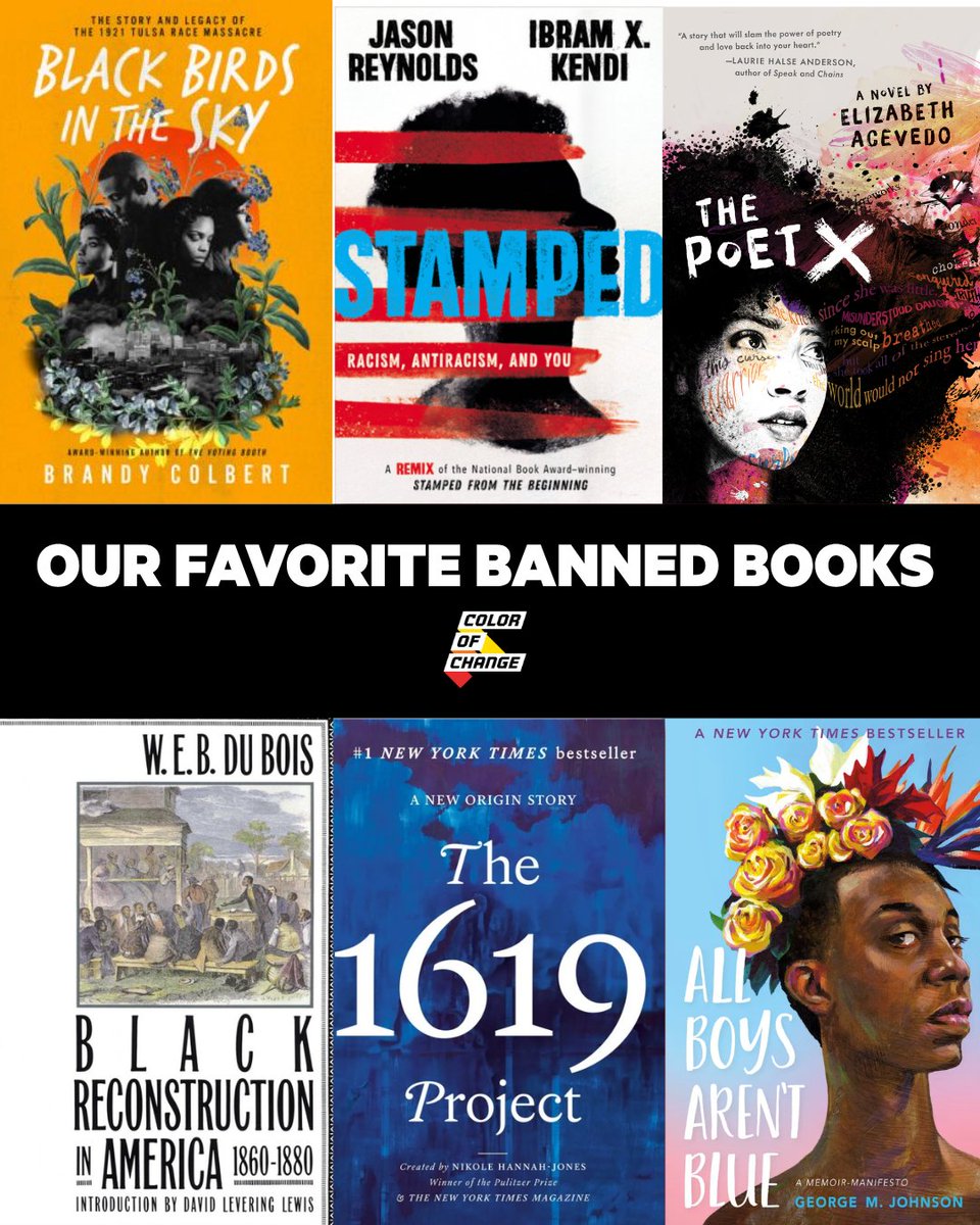 ColorOfChange's tweet photo. In honor of Banned Books Week, we asked our team: What are your favorite banned books? 📚

As book challenges hit record levels, we’re celebrating the Black and LGBTQ+ stories that challenge us and teach us.

Read banned books. Pass them on. Until justice is real. https://t.co/itcoaPktUz