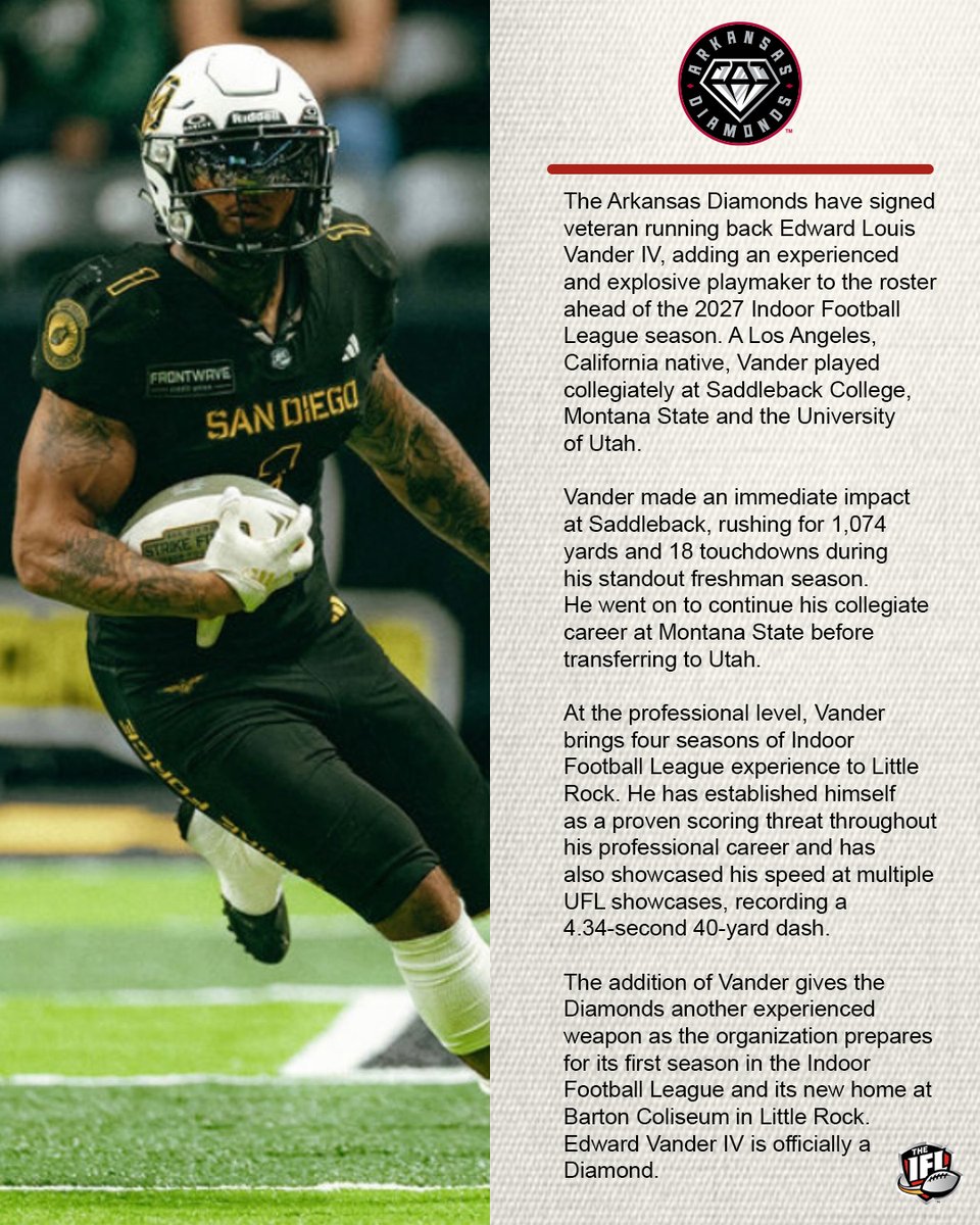 ArDiamondsIFL's tweet photo. The Arkansas Diamonds have signed Running Back Edward Louis Vander IV for the 2027 @IndoorFL  season! https://t.co/MhuTwnnGok