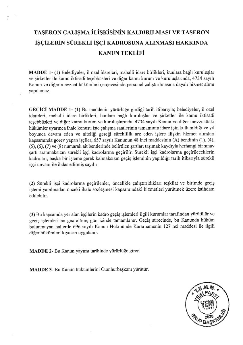 KamubizHaber's tweet photo. 🚨 SON DAKİKA | TAŞERON İŞÇİLER İÇİN İLK KANUN TEKLİFİ TBMM'DE!

📢 Taşeron çalışma ilişkisinin kaldırılması ve işçilerin sürekli işçi kadrosuna alınması için yeni kanun teklifi Meclis’e sunuldu!

📌 TEKLİFTE NELER VAR?

🔹 Belediye şirket işçileri ve taşeron çalışanlar için kadro düzenlemesi
🔹 İl özel idareleri ve mahallî idare birliklerindeki işçilerin kapsama alınması
🔹 KİT’ler ve diğer kamu kurumlarındaki belirli taşeron işçilerin sürekli işçi kadrosuna geçirilmesi
🔹 Kadroya geçişte sınav şartı aranmaması
🔹 Geçiş işlemlerinin en geç 60 gün içinde tamamlanması

⚠️ ÖNEMLİ: Teklif henüz yasalaşmadı. Kadro geçişi, teklif metnindeki şartlar ve kanunun kabul edilmesi hâlinde uygulanabilecek.

📢 TBMM kanun teklifleri, torba yasa, 3600 ek gösterge, YHS, taşerona kadro, kademeli emeklilik, staj ve çıraklık gelişmelerinden anında haberdar olmak için yeni X hesabımız 
@KamubizHaber'i takip etmeyi ve bildirimleri açmayı unutmayın!

#TaşeronaKadro
@arslanibrahimss @kadrosuz123 @KamuKatib