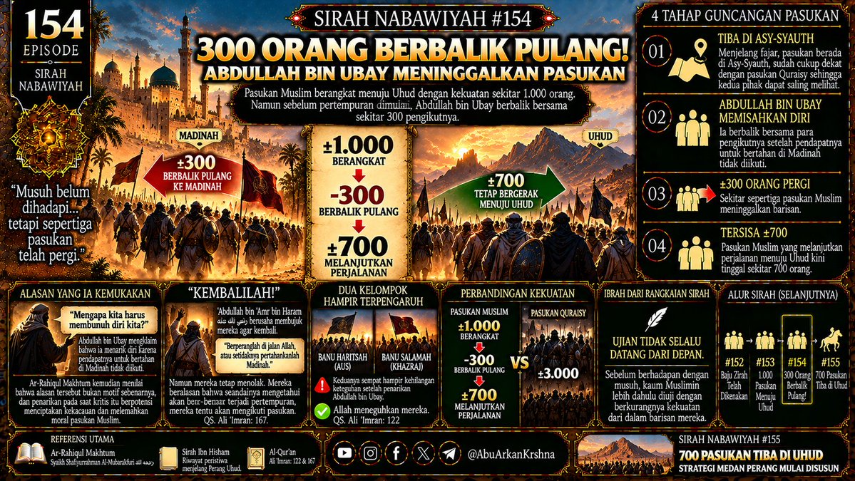 krshnasulanjana's tweet photo. 🕌 SIRAH #154

⚠️ ±300 ORANG BERBALIK PULANG!

±1.000 pasukan berangkat menuju Uhud.

Lalu Abdullah bin Ubay membawa sekitar sepertiga pasukan kembali.

⚔️ ±1.000
↩️ −300
🛡️ ±700 tersisa

Di depan: ±3.000 Quraisy.

➡️ #155 — Tiba di Uhud

#SirahNabawiyah #AbuArkanKrshna https://t.co/BVVJ0mVl2V