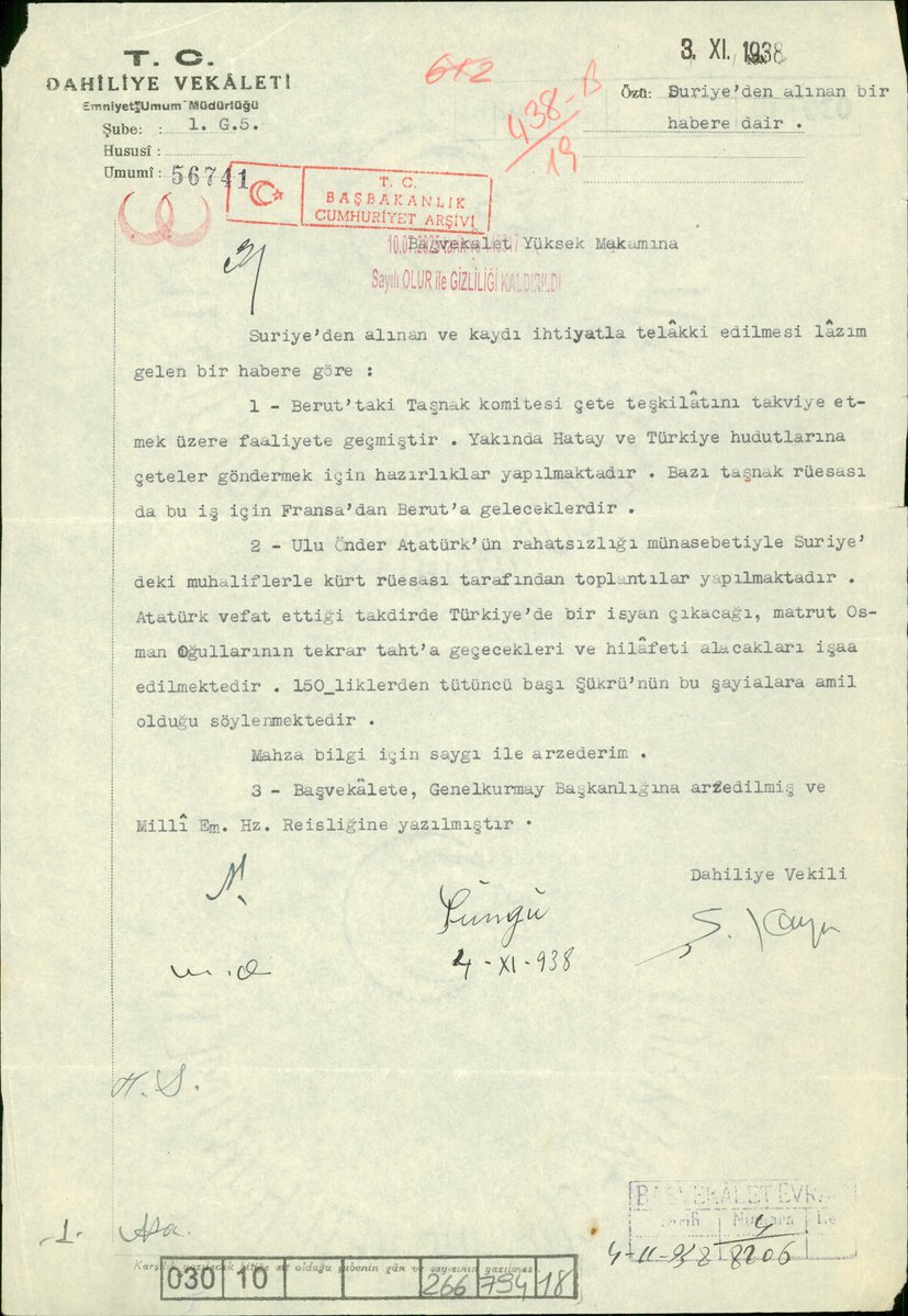 lordsinov's tweet photo. Gizliliği 2025 yılında kaldırılan 3 Kasım 1938 tarihli belge...

Atatürk'ün komada olduğunu öğrenen Lübnan merkezli Kürtçü ve Ermenici örgütler, Türkiye'de isyan çıkarmak için hazırlığa başlamış. https://t.co/9C0AjtSpFm