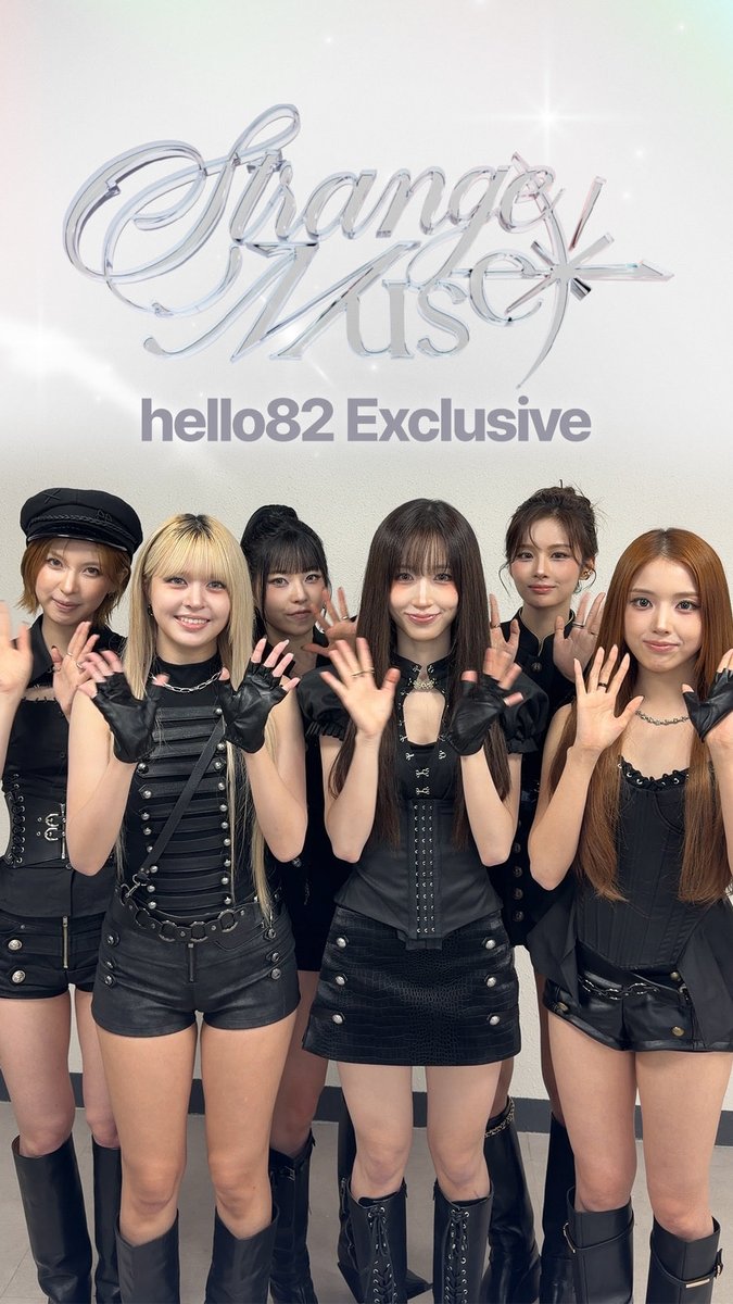 Six young women in coordinated black outfits pose together with raised hands in front of a "Strange Muse hello82 Exclusive" backdrop, promoting NMIXX's upcoming album release. The image serves as a promotional visual tying directly into the group's call for fans to pre-order "Strange Muse" and help chart on Billboard.