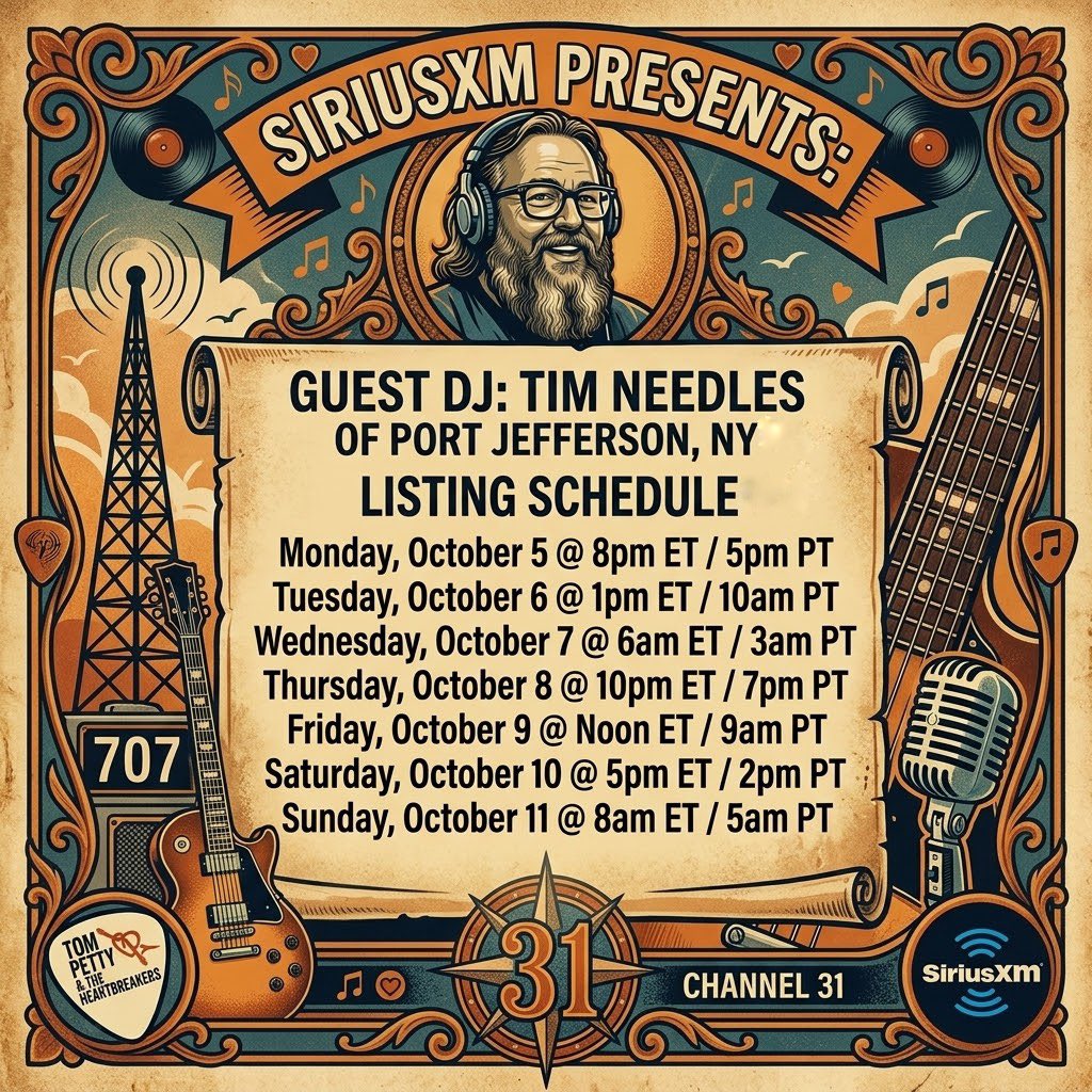 timneedles's tweet photo. Excited to share that I’m guest hosting as "The Last DJ" on @TomPetty Radio (@SiriusXM Channel 31) starting TONIGHT at 8pm ET / 5pm PT! 🎸📻

I’m spinning 5 essential Petty tracks and sharing stories all week long. Catch the full schedule below or listen on the SiriusXM app! 🎶 https://t.co/X8H903PwMh