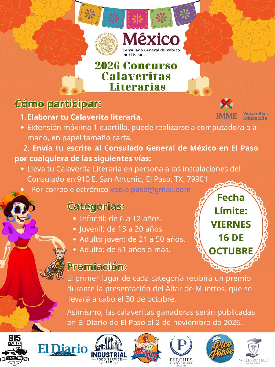 ConsulmexElPaso's tweet photo. 💀🌸 ¡La Catrina ya anda rondando y busca talento!

Pon a prueba tu creatividad y celebra nuestras tradiciones participando en el Concurso de Calaveritas Literarias “Tradición de mi México”. 🇲🇽✨

📅 Fecha límite: viernes 16 de octubre

¡Anímate a participar! 💀🇲🇽

#VOE @IME_SRE https://t.co/H6RcihMysl