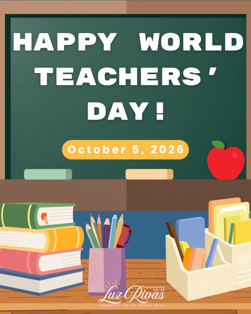 RepLuzRivas's tweet photo. Happy World Teachers’ Day! 🍎
 
Teachers inspire curiosity and support students to reach their full potential. Thank you to teachers across the San Fernando Valley for your dedication and commitment to serving our students! 
 
I will continue working in Congress to support our teachers and the important work they do in educating the next generation.