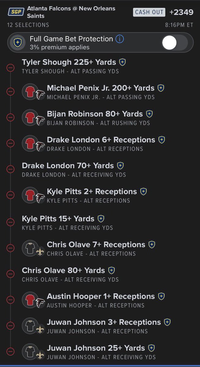 LangBetz's tweet photo. Saints/Falcons:

Shough 225 pass yards, Penix 200 pass yards, Bijan 80 rush yards, London 6 receptions and 70 rec yards, Pitts 2 receptions and 15 rec yards, Olaf 7 receptions and 80 rec yards, Hooper 1 reception, Juwan 3 rec &amp; 25 rec yards

#whatsyawager @WhatsYaWager https://t.co/JkwvKzYkQR