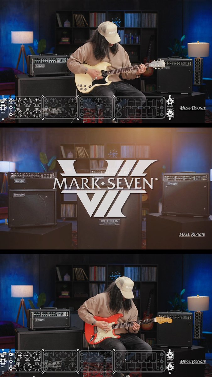 A three-panel promotional image for the 'MARK SEVEN' Mesa Boogie amplifier, showing a guitarist playing both a cream-colored Les Paul and a red Stratocaster guitar with amp settings displayed.