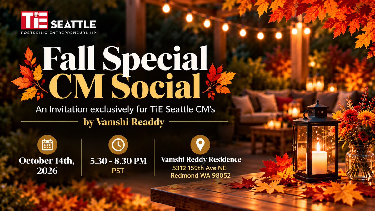 SeattleTiE's tweet photo. We’re bringing our TiE Seattle Charter Members together for a special Fall CM Social — an evening of connection, conversation, and community at the residence of our new Board Member, Vamshi Reddy.

Register Now : https://t.co/5WuU6o4GCk

We look forward to seeing you there! https://t.co/1SY0m9B7yk