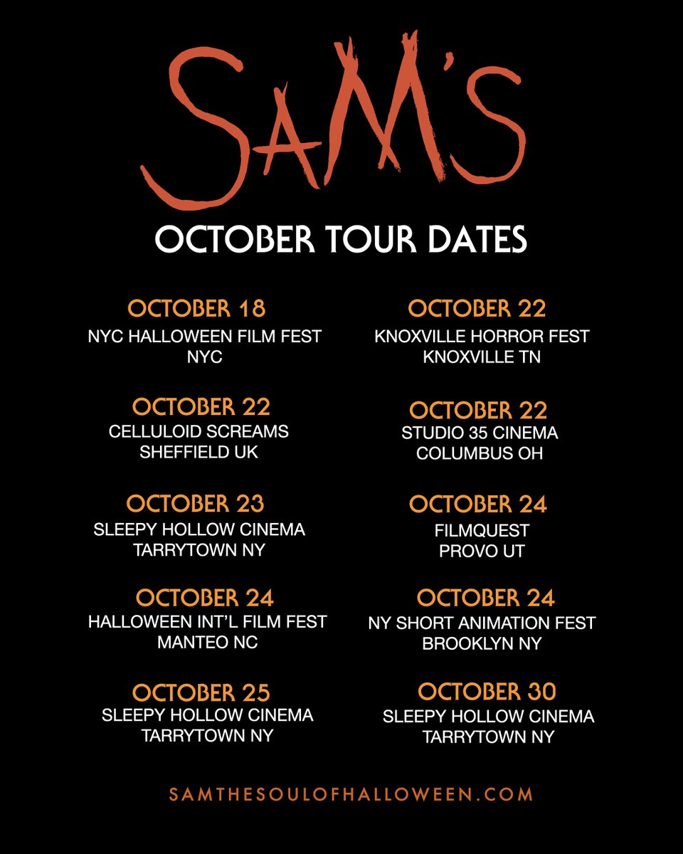 SamofHalloween's tweet photo. SAM’S GOING ON TOUR. This October, Sam's debut film, Season's Greetings, is creeping onto screens paired with Trick ’r Treat, Halloween, The Exorcist, The Omen & other horror classics.

Find the screening nearest you. Buy candy. Don't make him come looking for you.  Click the link for more:

🎃 https://t.co/rxJpNtgYa6