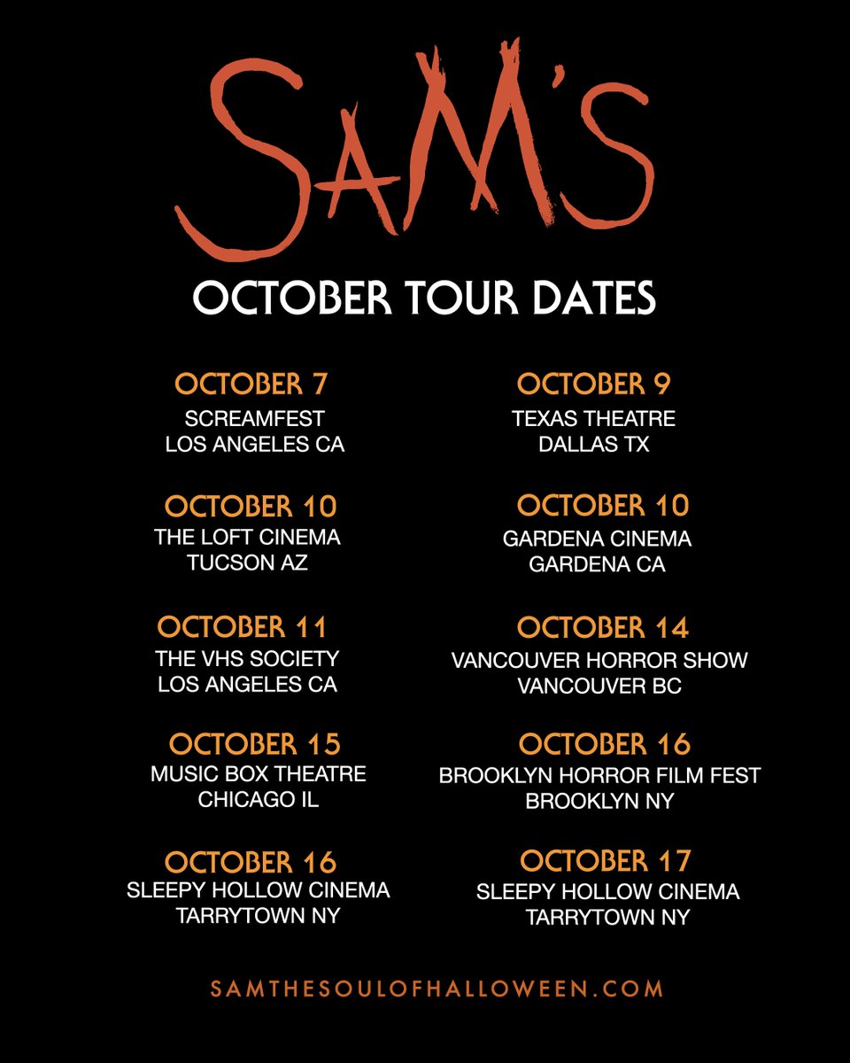 SamofHalloween's tweet photo. SAM’S GOING ON TOUR. This October, Sam's debut film, Season's Greetings, is creeping onto screens paired with Trick ’r Treat, Halloween, The Exorcist, The Omen & other horror classics.

Find the screening nearest you. Buy candy. Don't make him come looking for you.  Click the link for more:

🎃 https://t.co/rxJpNtgYa6