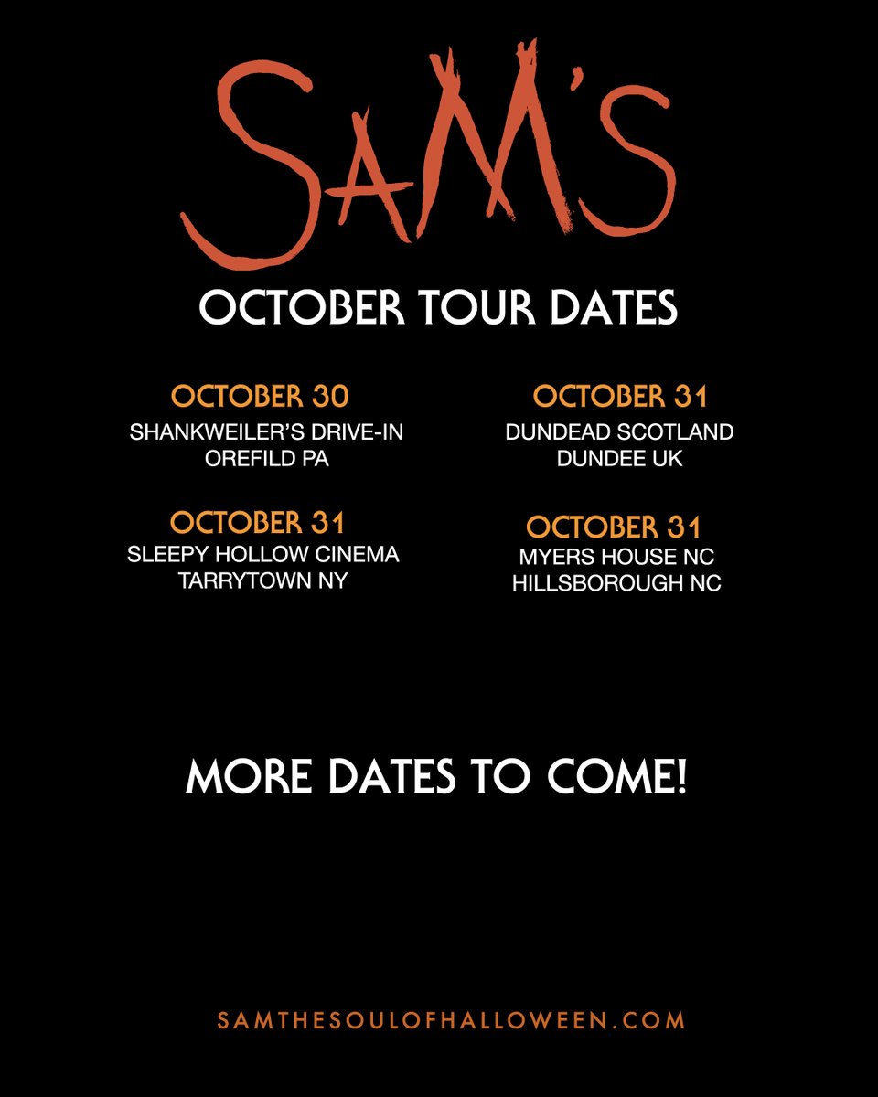 SamofHalloween's tweet photo. SAM’S GOING ON TOUR. This October, Sam's debut film, Season's Greetings, is creeping onto screens paired with Trick ’r Treat, Halloween, The Exorcist, The Omen & other horror classics.

Find the screening nearest you. Buy candy. Don't make him come looking for you.  Click the link for more:

🎃 https://t.co/rxJpNtgYa6