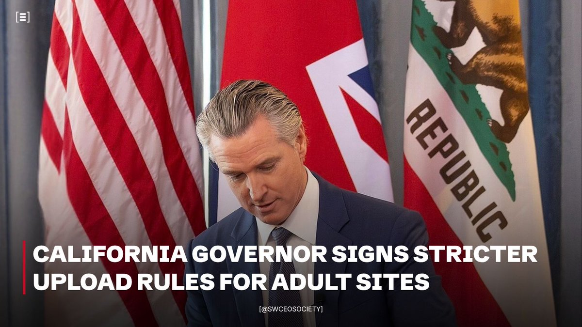 sexworkceo's tweet photo. Gov. Gavin Newsom signed California's AB 1705, a law that makes adult content sites collect a verified email and a sworn consent statement from every person who uploads content.

The statement must say, under penalty of perjury, that everyone shown was an adult when the content was made, agreed to be shown and agreed to the upload. 

Sites must verify the email before an upload goes live and keep the records for at least seven years.

Both the site and the uploader can be sued. A person shown in the content can seek up to $75,000 per violation plus punitive damages and attorney fees. Public prosecutors can bring civil cases seeking $25,000 per violation.

Each day non-compliant content stays up counts as its own violation. The law goes beyond existing federal 2257 recordkeeping rules and takes effect January 1, 2027.

California sites will have to keep these records for seven years. Where do you think a creator should store records that long, and who should be allowed to see them?

Source: XBIZ
📷: UK Government, CC BY 4.0 via Wikimedia Commons