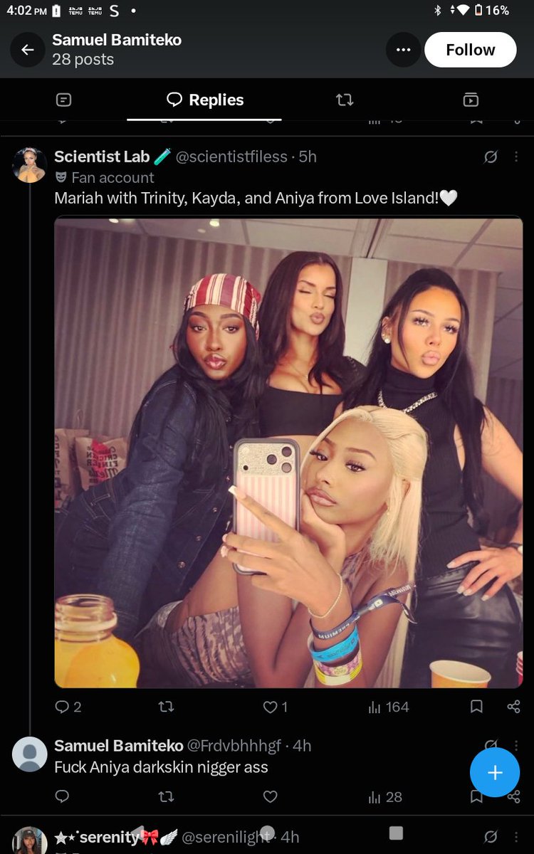 PROTECTANIYA's tweet photo. Please report @Frdvbhhhg. DO NOT ENGAGE. Just report and block. 🩷🪽
This account has repeatedly targeted Aniya and other users with racist abuse, slurs, and violent speech, including telling people to die. This is an ongoing pattern of harassment across multiple posts and https://t.co/u6wGrUkSds