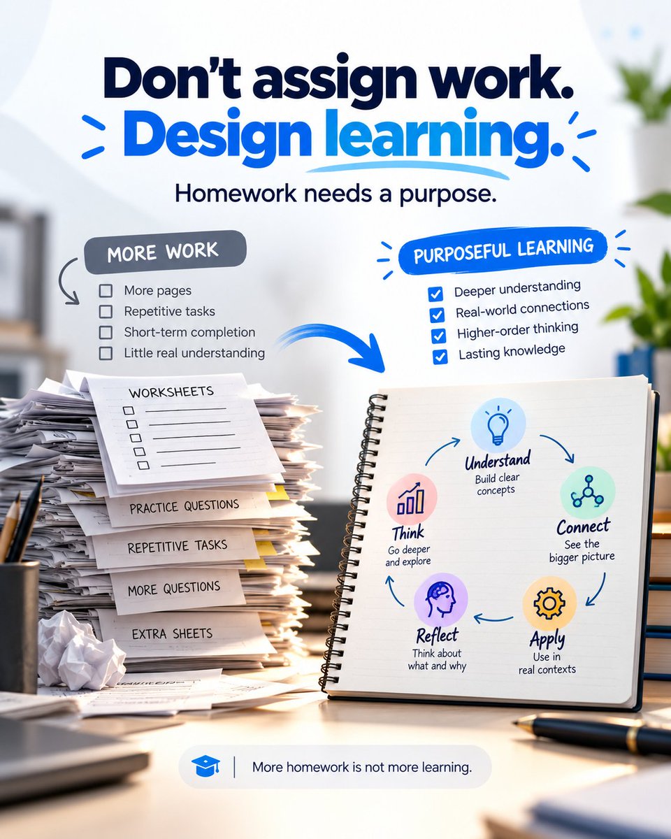 abusalehedu's tweet photo. A student goes home with three worksheets, two practice sheets and a notebook full of questions.

It looks serious.
It looks disciplined.
It looks like learning is happening.

But here is the uncomfortable question:

What if we have increased the workload without increasing the thinking?

Homework should not simply extend the school day. It should extend the learning.

A useful task should make students retrieve, connect, apply, question or reflect — not just complete another page.

That is the shift worth making:

Don’t assign work. Design learning.

Because more homework is not automatically more learning.

The better question is not:

“How much homework did we give?”

It is:

“What kind of thinking did this homework require?”

That should be the conversation of every staff room.

#Education #Teaching #Homework #StudentLearning #SchoolLeadership