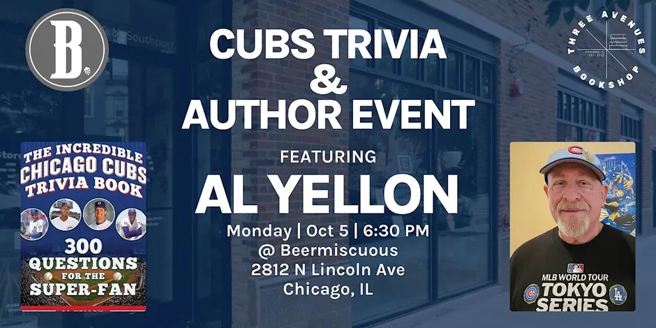 Beermiscuous's tweet photo. Our ball knowledge continues to have no end! We host a Cubs trivia night TONIGHT with the man who wrote the book on it, Al Yellon! 6:30pm start!

And, we'll have all the White Sox games on during their playoff run, on the projector! They play at 4pm today against Cleveland. https://t.co/ZU7qz1m0Mb