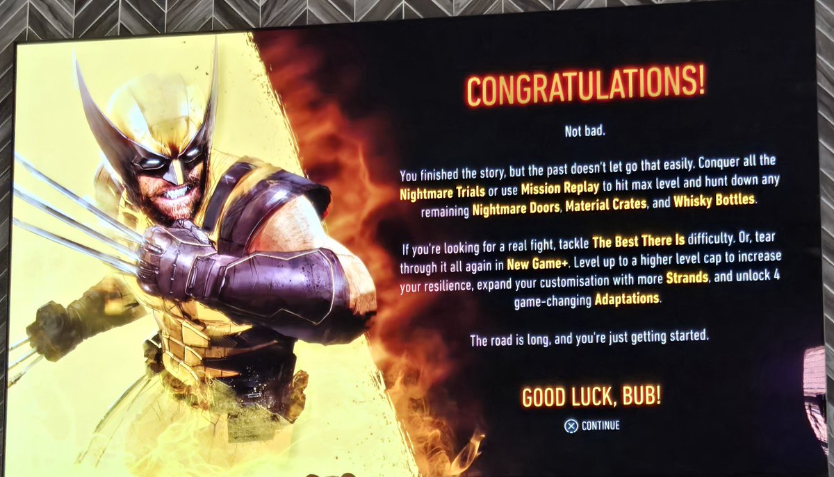 TRIPSTER0's tweet photo. I have made it!

I beat wolverine on the hardest Difficulty, I really took my time with this one, I wanted to explore every Nook and Cranny.

The game isn't perfect by any means. 

Half of third act was ass, Half of the Canada Chapter felt unfinished, so many bugs, that's were all the complaints about this game are coming from, only from half of this Act.

Besides That the rest of the game was really a mostly a 10/10, all the main Boss Fights were top notch. 

Omega Red 10/10
Sentinel Prototype 9/10
Lady Deathstrike 10/10
Sabertooth(kicked my ass) 10/10
Mister Sinister 10/10
Mega Sentinel 10/10

Story 10/10
Graphics 10/10
Sound 10/10
Gameplay 10/10

But for me if I'm being honest I rated an 8.9/10, Third Act just brought it down a bit for me, I highly recommend the game if you can mustard to deal with the Third act, this is definitely a must for X-Men Fans, and this is the best Wolverine Game ever made and one my favorite renditions of Wolverine in the Franchise. 

#Wolverine 💛
#PS5