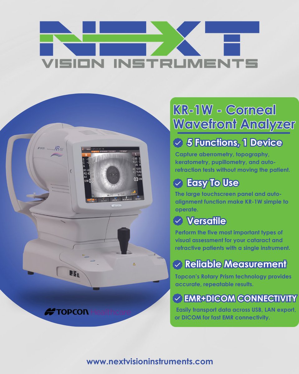NextVision_'s tweet photo. Pre-owned and in stock! 🔥👁️

The Topcon KR-1W Corneal Wavefront Analyzer combines multiple essential measurements into one streamlined system, helping improve efficiency without sacrificing clinical insight.

👉 Please contact 727.483.9140 or sales@nextvision2020.com directly https://t.co/bWT40Tit1d