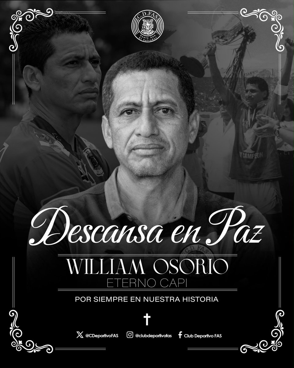 CDeportivoFAS's tweet photo. 𝑯𝑨𝑺𝑻𝑨 𝑺𝑰𝑬𝑴𝑷𝑹𝑬, 𝑪𝑨𝑷𝑰𝑻Á𝑵. 

Hoy el fútbol está de luto. Club Deportivo FAS despide con profundo pesar a William Osorio, capitán y referente que defendió estos colores con entrega, orgullo y amor por este escudo.

Su legado quedará para siempre en la historia del Rey de Copas y en el corazón de toda la familia FASista.

Gracias por tanto, Capitán. Que descanses en paz. 🕊️🔵 🔴