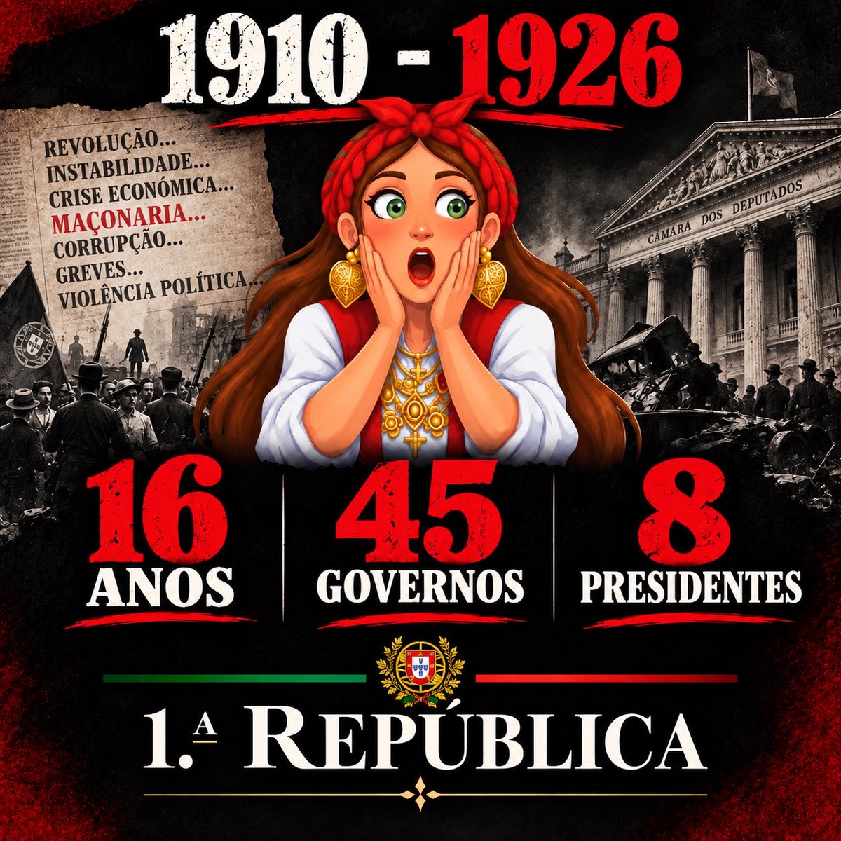 LusitaShield's tweet photo. Há 116 anos, uma sociedade secreta mudou o regime em Portugal sem consultar ninguém…

Chamava-se Carbonária Portuguesa, a que os historiadores chamam «o exército secreto da República (Maçonaria)», e foi por acção dela que D. Carlos e o príncipe Luís Filipe foram mortos na rua a 1 de Fevereiro de 1908, como foi ela que organizou a revolução de 5 de Outubro de 1910. 

Não houve referendo nem eleição, pois o povo era ignorante, foi assim que a revolução armada, feita por uma sociedade secreta, foi justificada. 

O que se seguiu não foi mais limpo. Em 1911, Carolina Beatriz Ângelo, médica, republicana e chefe de família, teve de ir a tribunal para poder votar, ganhou a causa e tornou-se a primeira mulher a votar em Portugal; mas 2 anos depois, a lei de 3 de Julho de 1913 voltou a fechar-lhe essa porta, quando passou a escrever-se que eram eleitores os cidadãos «do sexo masculino» que soubessem ler e escrever, num país onde a maioria era analfabeta. 

Estás a ler perfeitamente, foi a república que instituiu a regra…

Também o Presidente nunca foi eleito pelo povo, já que Manuel de Arriaga fora escolhido pela Assembleia em Agosto de 1911.

Mas a República acabou por comer os seus próprios filhos…. Na noite de 19 de Outubro de 1921, uma camioneta-fantasma percorreu Lisboa a recolher homens do regime para os executar, e entre os mortos ficaram o Primeiro-Ministro António Granjo e Machado Santos o chefe da Carbonária, o herói da Rotunda, o homem que tinha feito o 5 de Outubro, morto 14 dias depois do aniversário dessa mesma revolução.

Em 1923, os responsáveis directos foram julgados e condenados a prisão e degredo, sem que alguma vez se apurassem completamente as causas que permitiram aquela noite, nem as suas ligações aos responsáveis pela revolta de 19 de Outubro…

16 anos. 45 governos. 8 Presidentes. 

2 governos chegaram a tomar posse.

Viva a República! ✊🏼