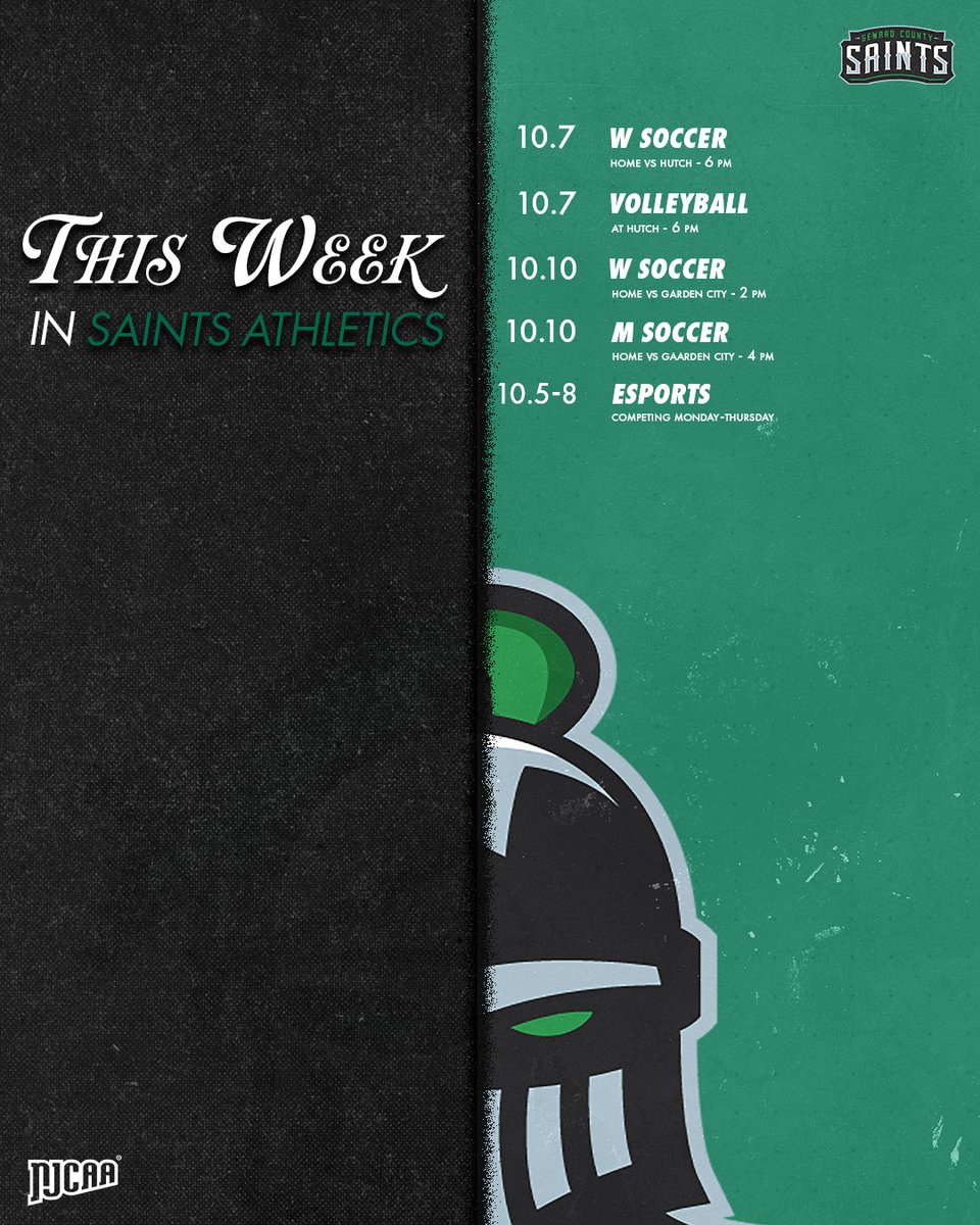 SewardSaints's tweet photo. This week in Saints athletics!

Home soccer on Wednesday and Saturday, volleyball is on the road at Hutch, and esports is competing Monday-Thursday!

#GoodToBeGreen https://t.co/AEKw0FcZA3