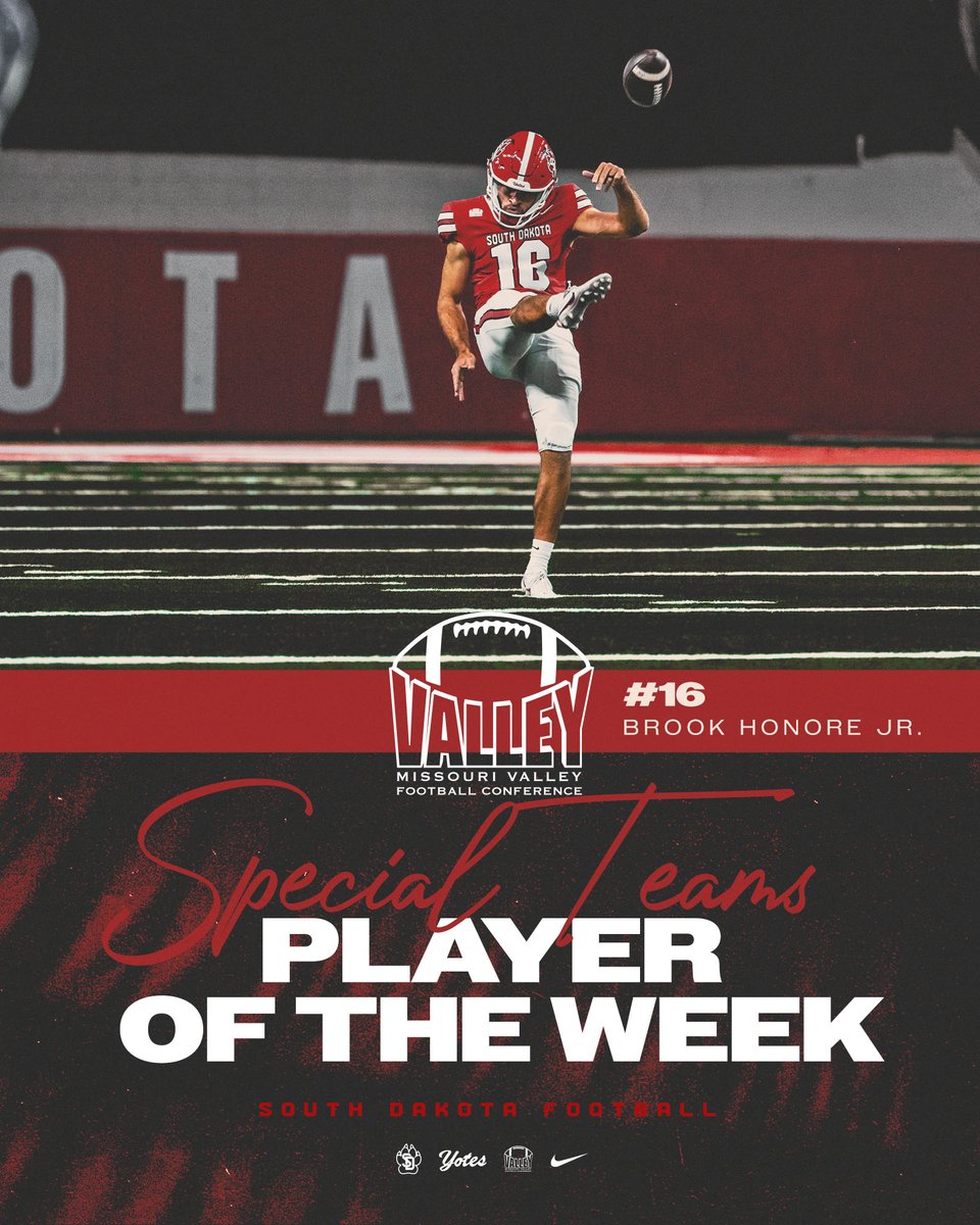 SDCoyotesFB's tweet photo. πππππππ πππππ ππππππ ππ
πππ ππππ π
Take a bow, Brook!
Β» 51.5 punt average
Β» 3 50+ yard punts
Β» Career-long 70-yard punt π₯
π° Β» https://t.co/SEtdNi7oHH
#GoYotes x @HonoreBrook https://t.co/xwVjELCV4P
