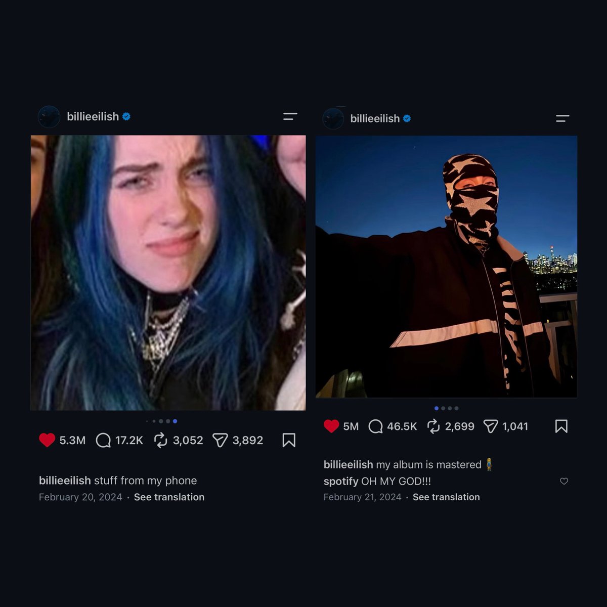 BillieSpotify_'s tweet photo. 🚨🚨🚨 The last time Billie Eilish randomly posted that old blue hair photo, she announced the very next day that HIT ME HARD AND SOFT had been mastered… 👀 https://t.co/pNJc6Q86Nn